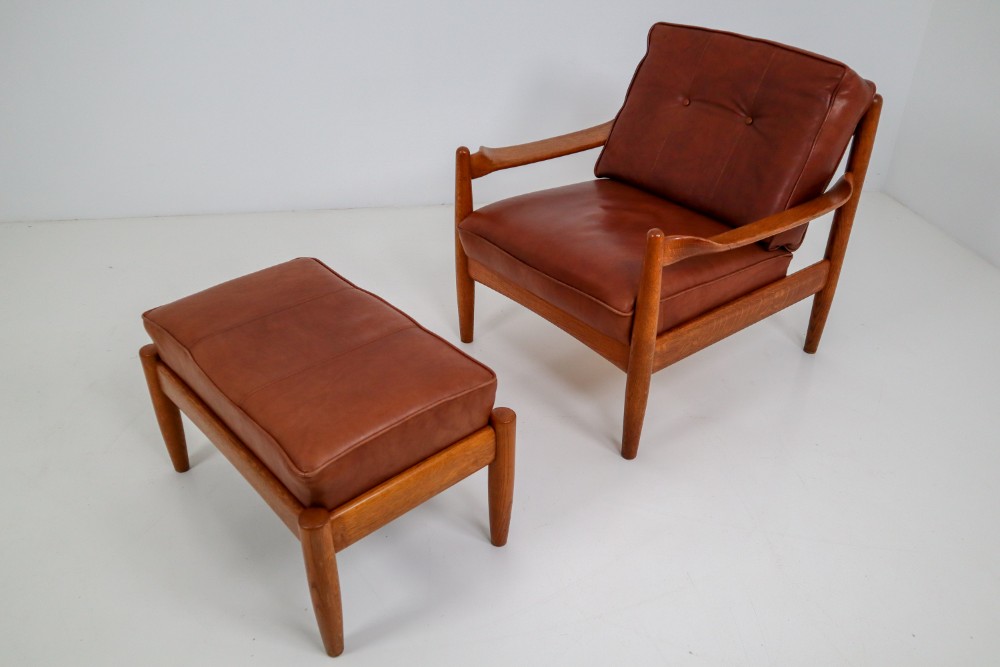 Mid Century Modern Leather Armchair And Ottomann 20th Mid Century Modern Leather Armchair And