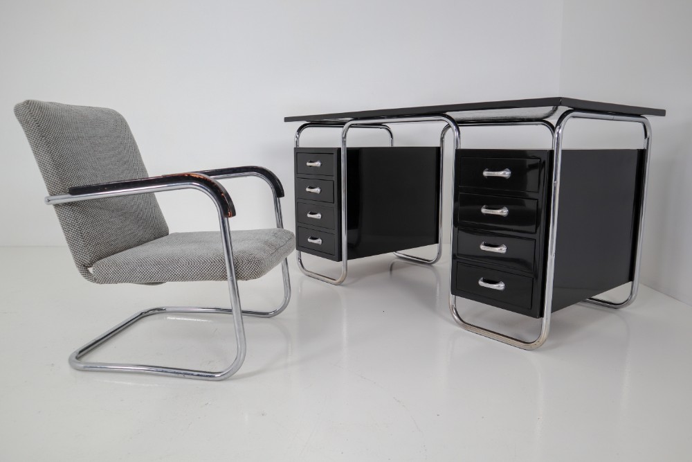 Restored Bauhaus Black Lacquered Wood Desk With Chrome Steel By