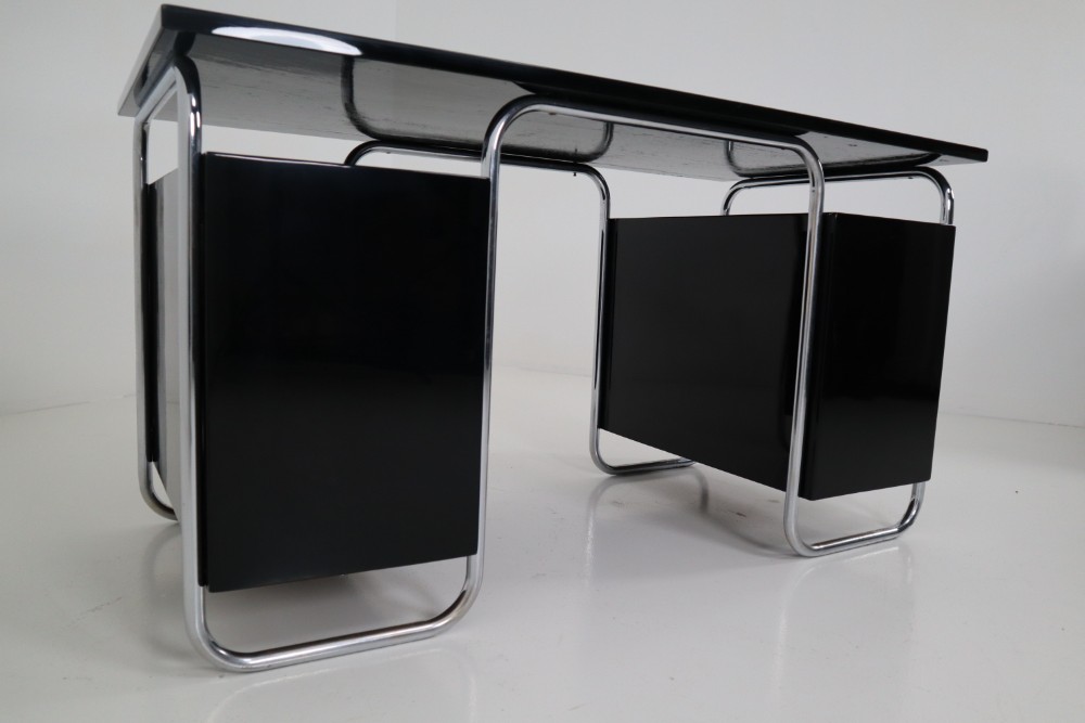 Restored Bauhaus Black Lacquered Wood Desk With Chrome Steel By