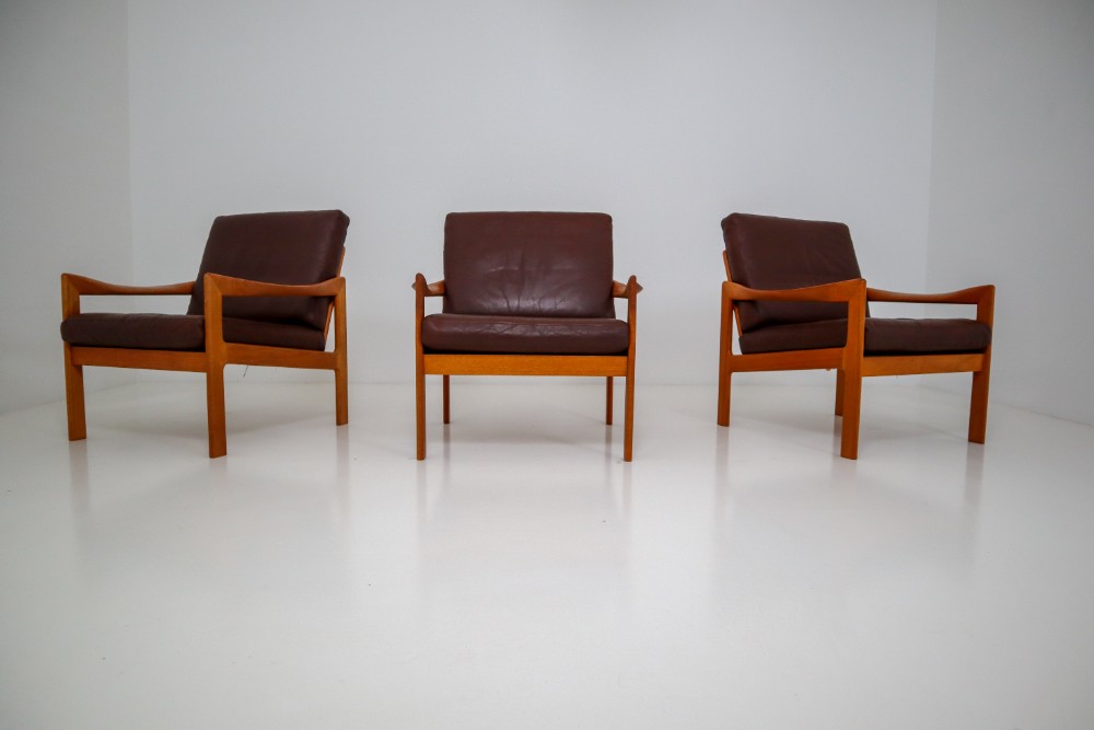 Scandinavian Modern Leather Wood Illum Wikkelso Three Seat Teak
