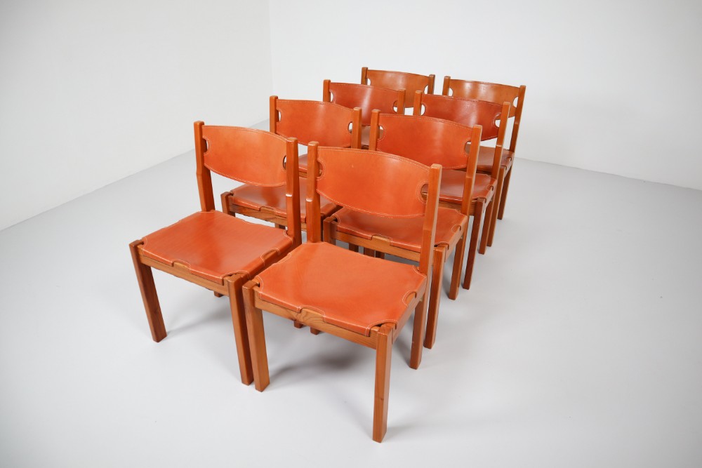 Scandinavian Modern Set Of Eight Cognac Leather Dining Chairs In Pinewood France 1960s Mid 20th Century Dining Room Items By Category European Antiques Decorative