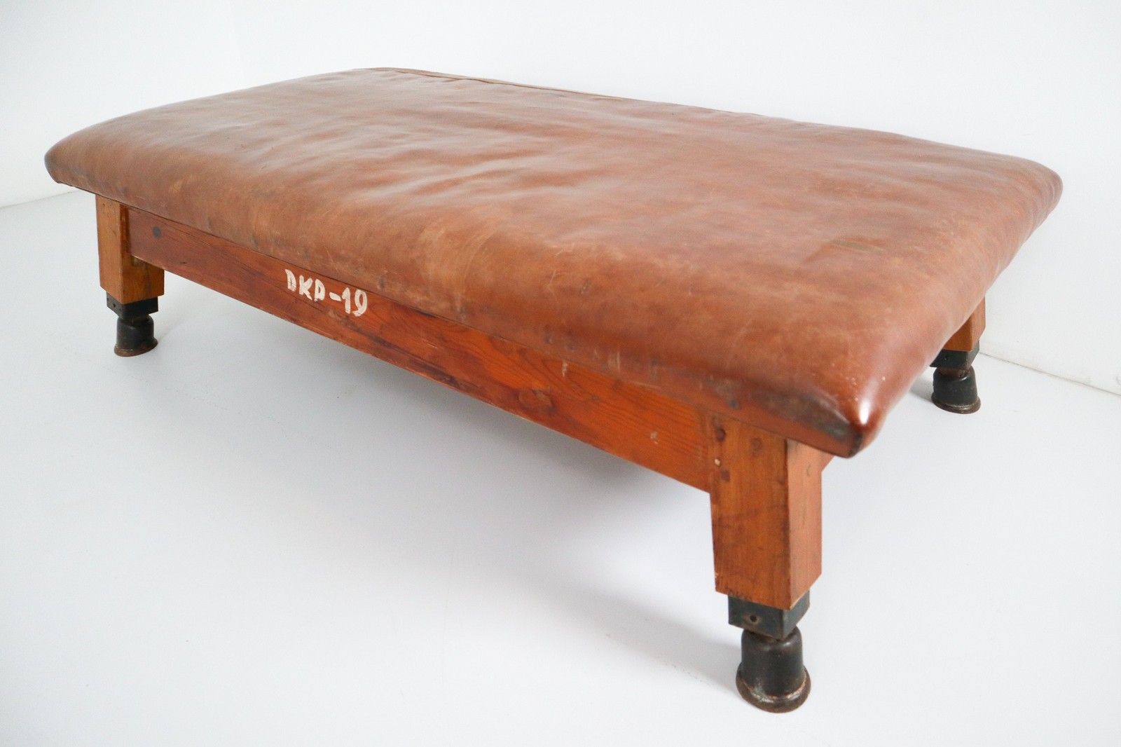 Strong Vintage European Gymnasium Bench With A Patinated Leather