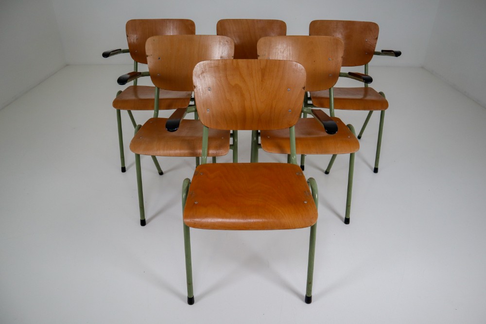 100 Green Patinated Dutch Design Industrial Plywood Armchairs, 1960s