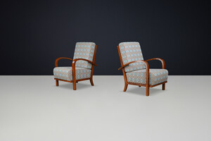 1930s Czech Art Deco Walnut Armchairs with Geometric Reupholstery. Early-20th century