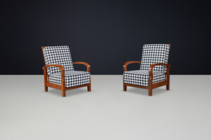 1930s Czech Art Deco Walnut Reclining Armchairs with Houndstooth Upholstery. Early-20th century