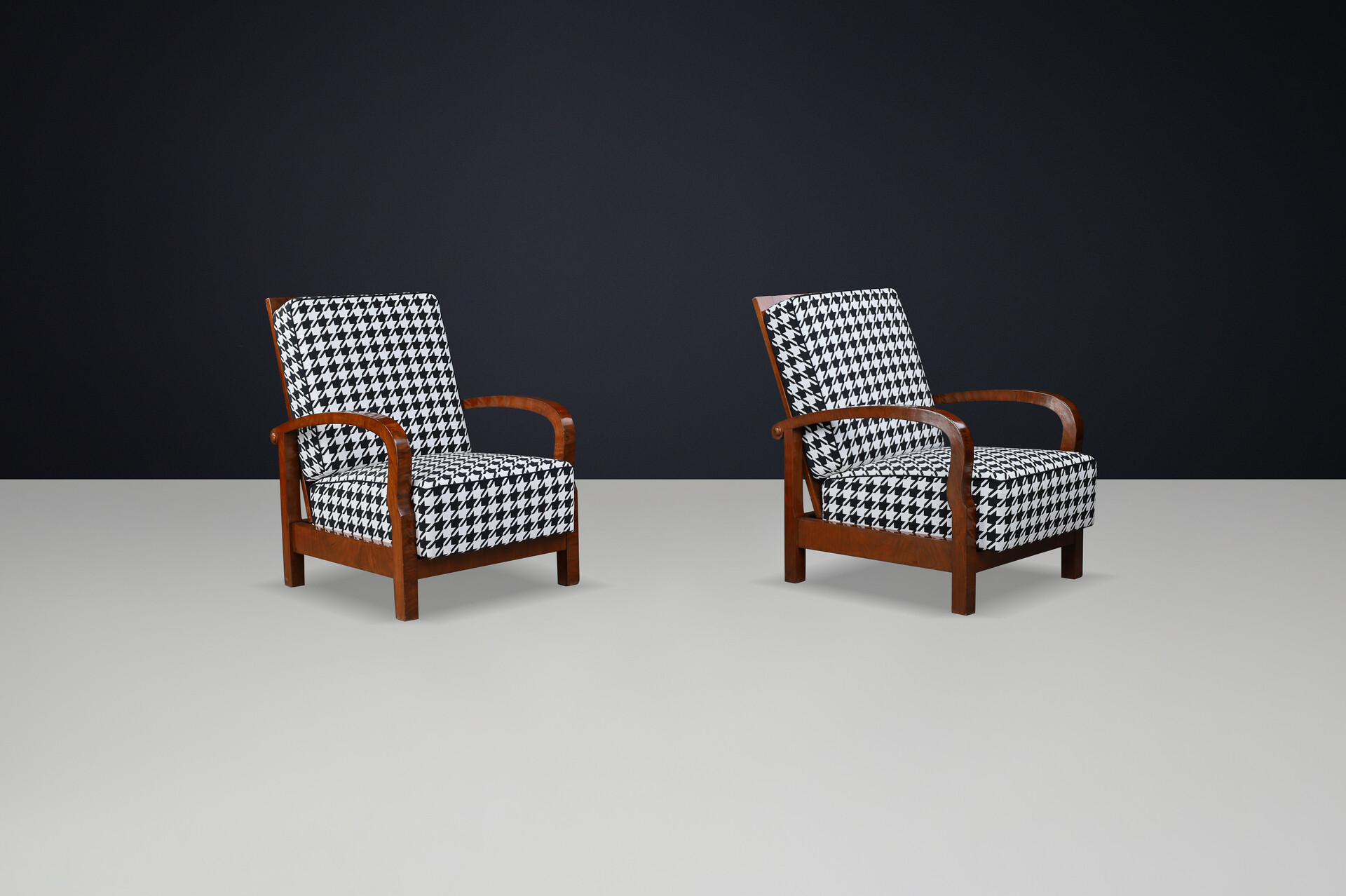 1930s Czech Art Deco Walnut Reclining Armchairs with Houndstooth Upholstery. Early-20th century