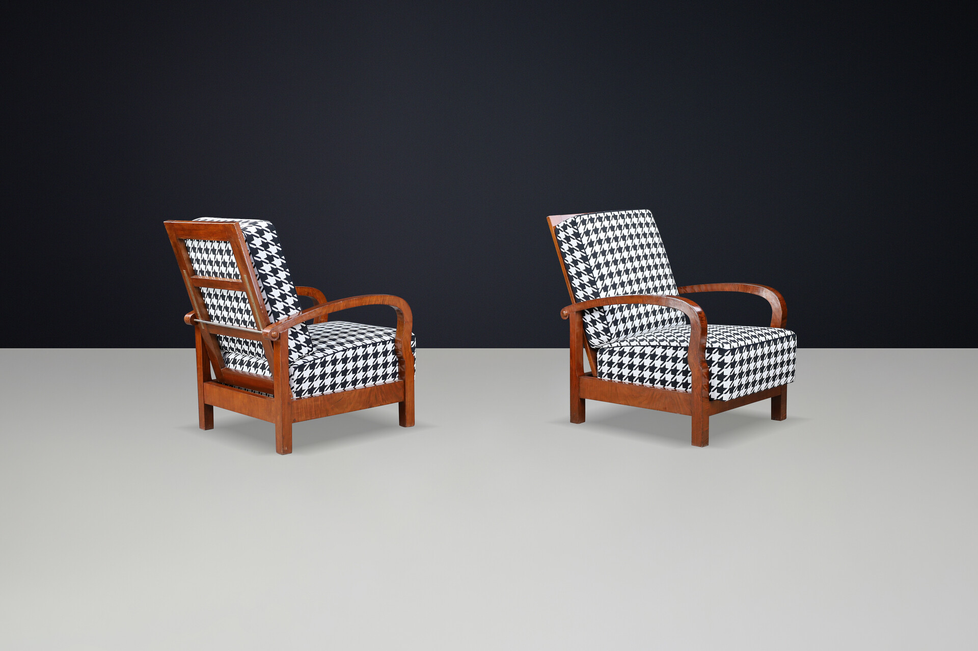 1930s Czech Art Deco Walnut Reclining Armchairs with Houndstooth Upholstery. Early-20th century