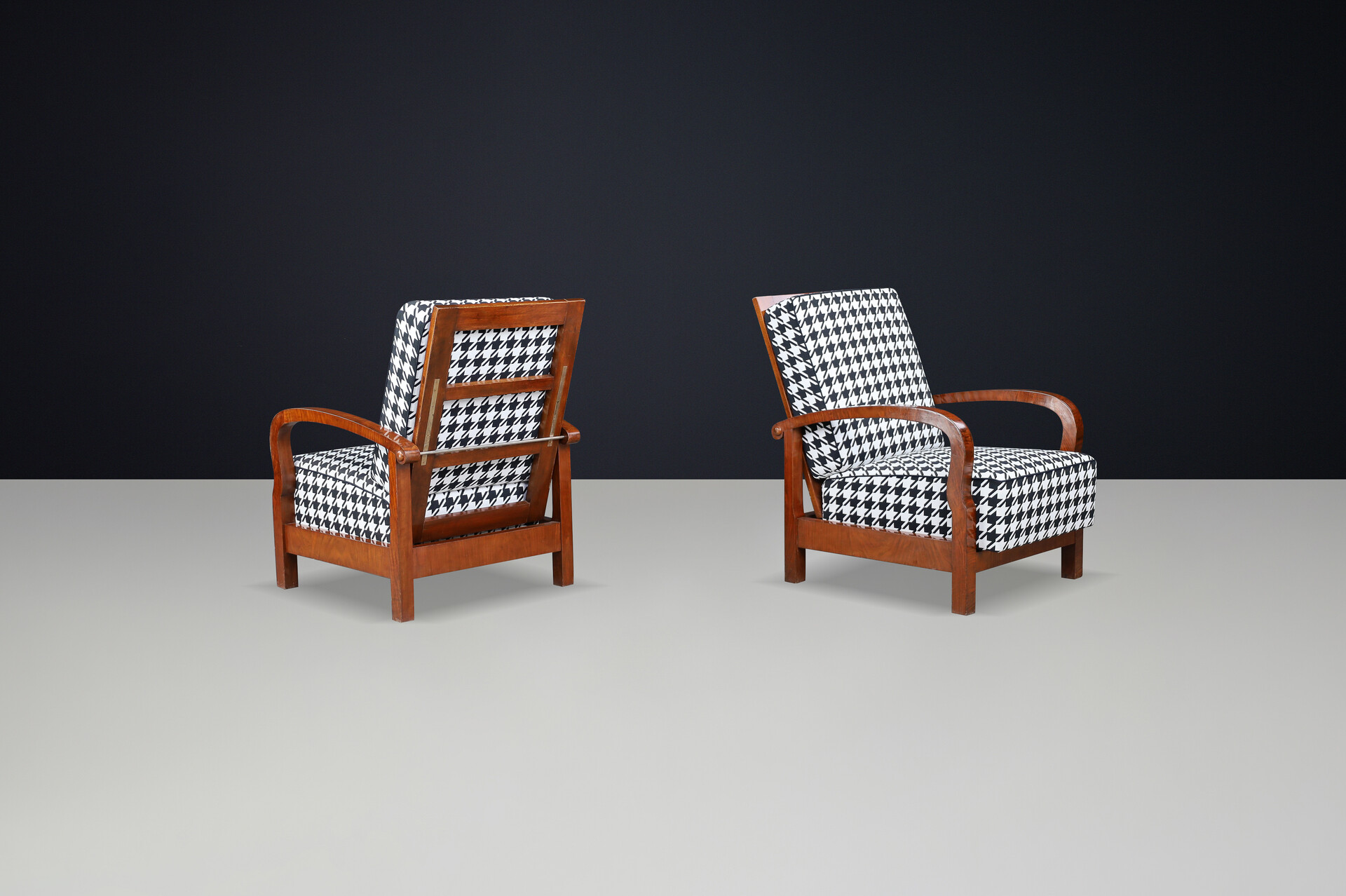 1930s Czech Art Deco Walnut Reclining Armchairs with Houndstooth Upholstery. Early-20th century