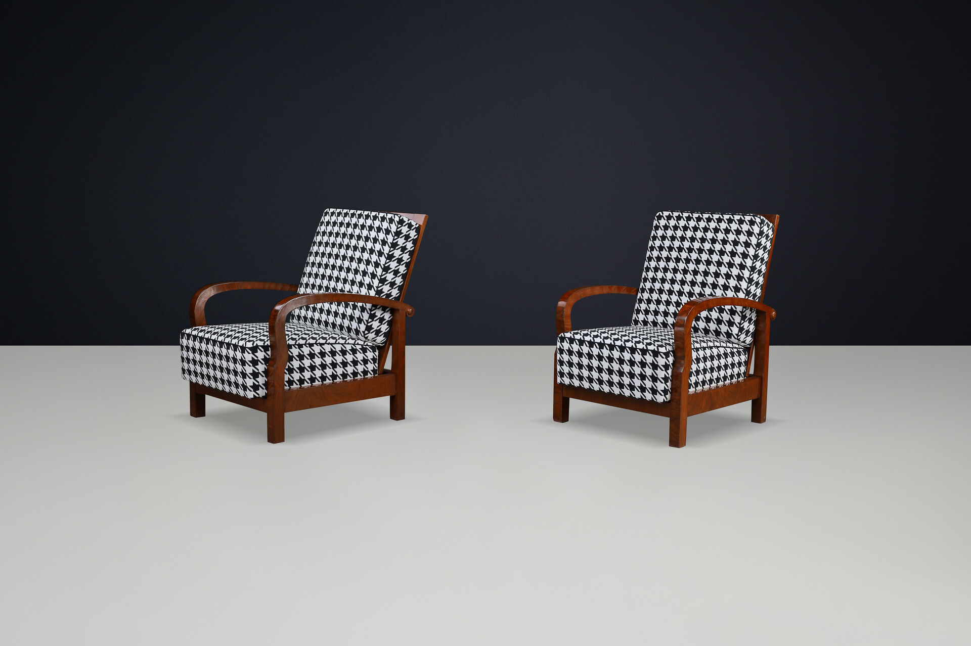 1930s Czech Art Deco Walnut Reclining Armchairs with Houndstooth Upholstery. Early-20th century