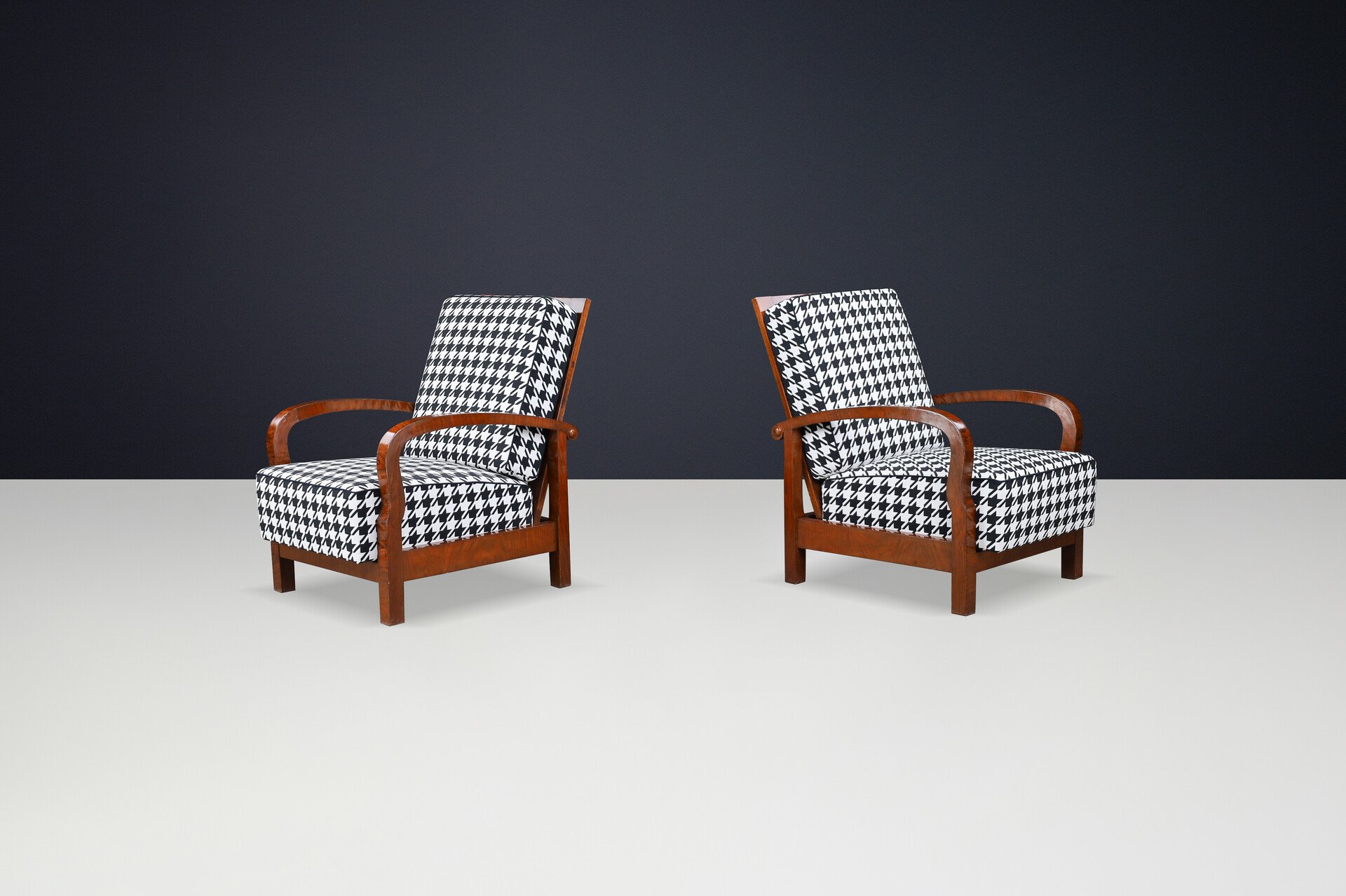 1930s Czech Art Deco Walnut Reclining Armchairs with Houndstooth Upholstery. Early-20th century