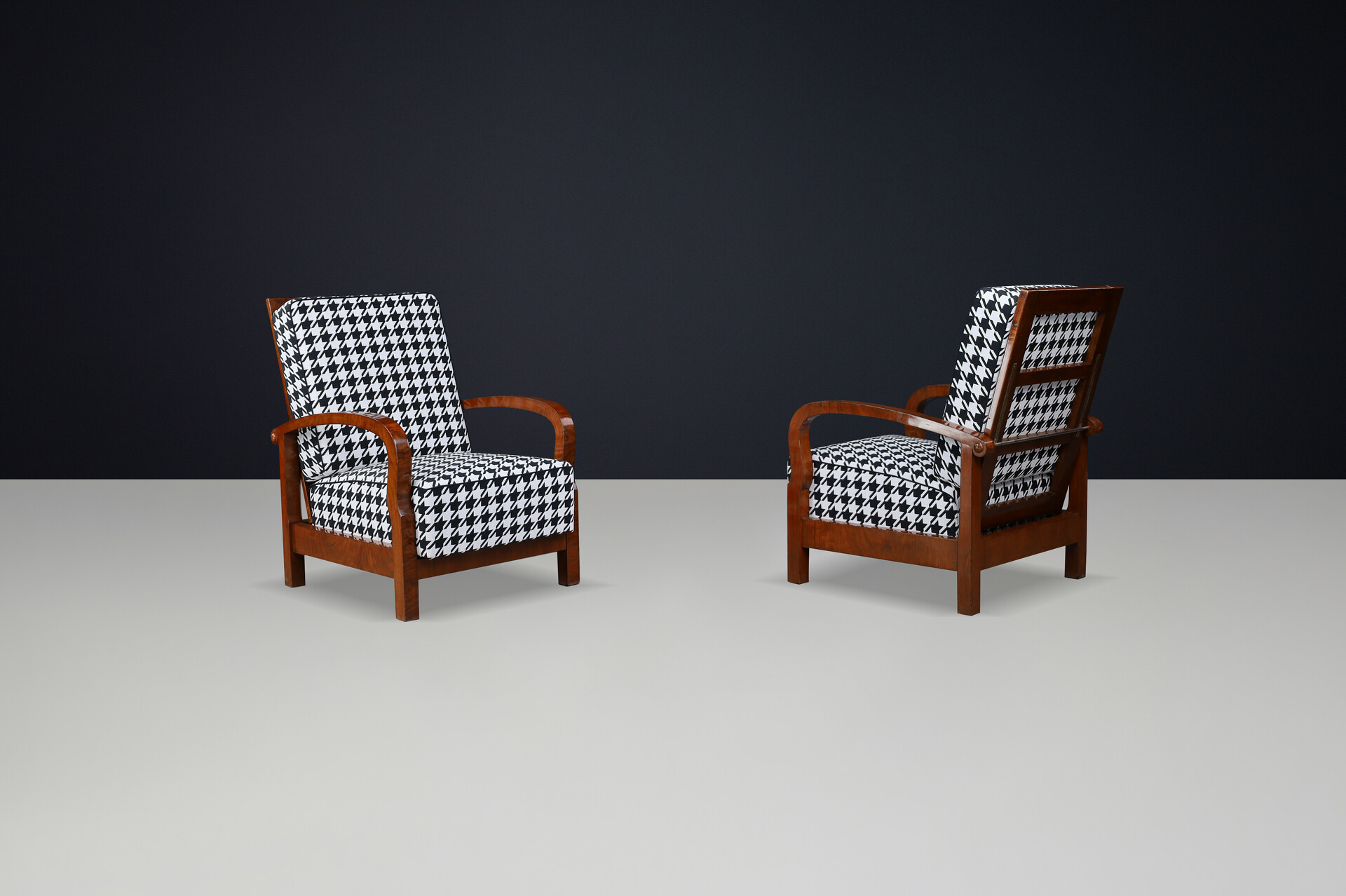 1930s Czech Art Deco Walnut Reclining Armchairs with Houndstooth Upholstery. Early-20th century