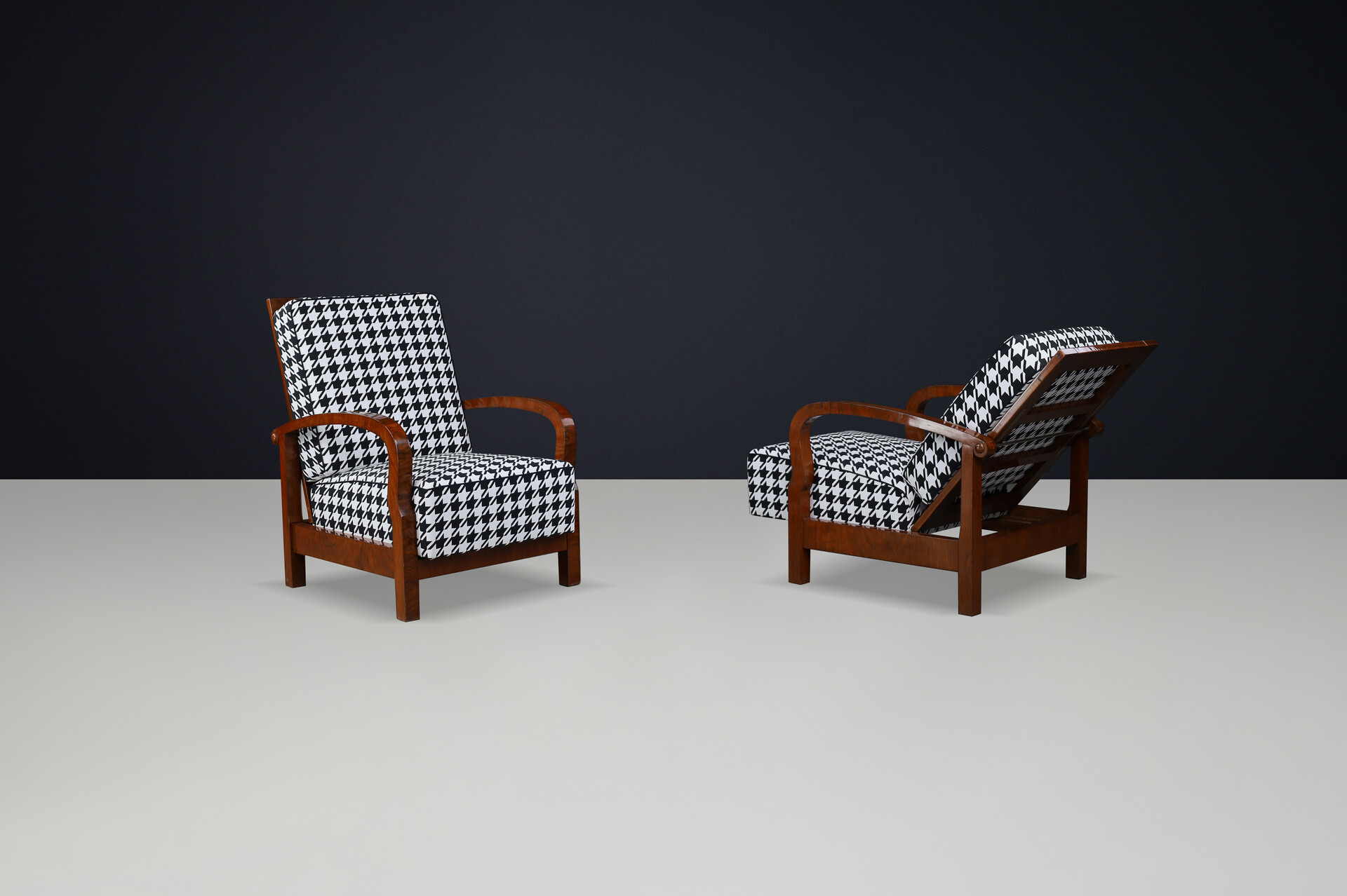 1930s Czech Art Deco Walnut Reclining Armchairs with Houndstooth Upholstery. Early-20th century