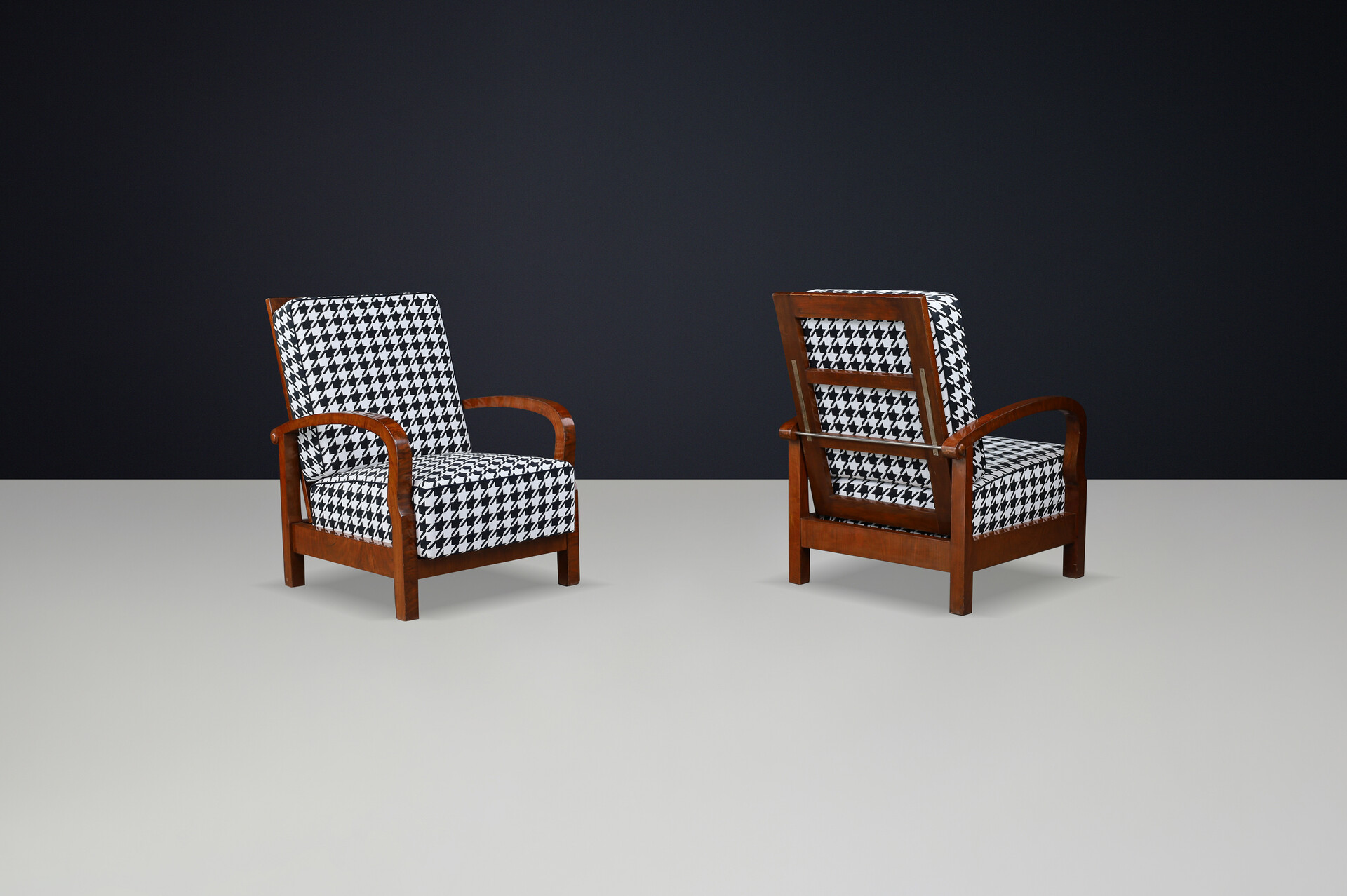 1930s Czech Art Deco Walnut Reclining Armchairs with Houndstooth Upholstery. Early-20th century