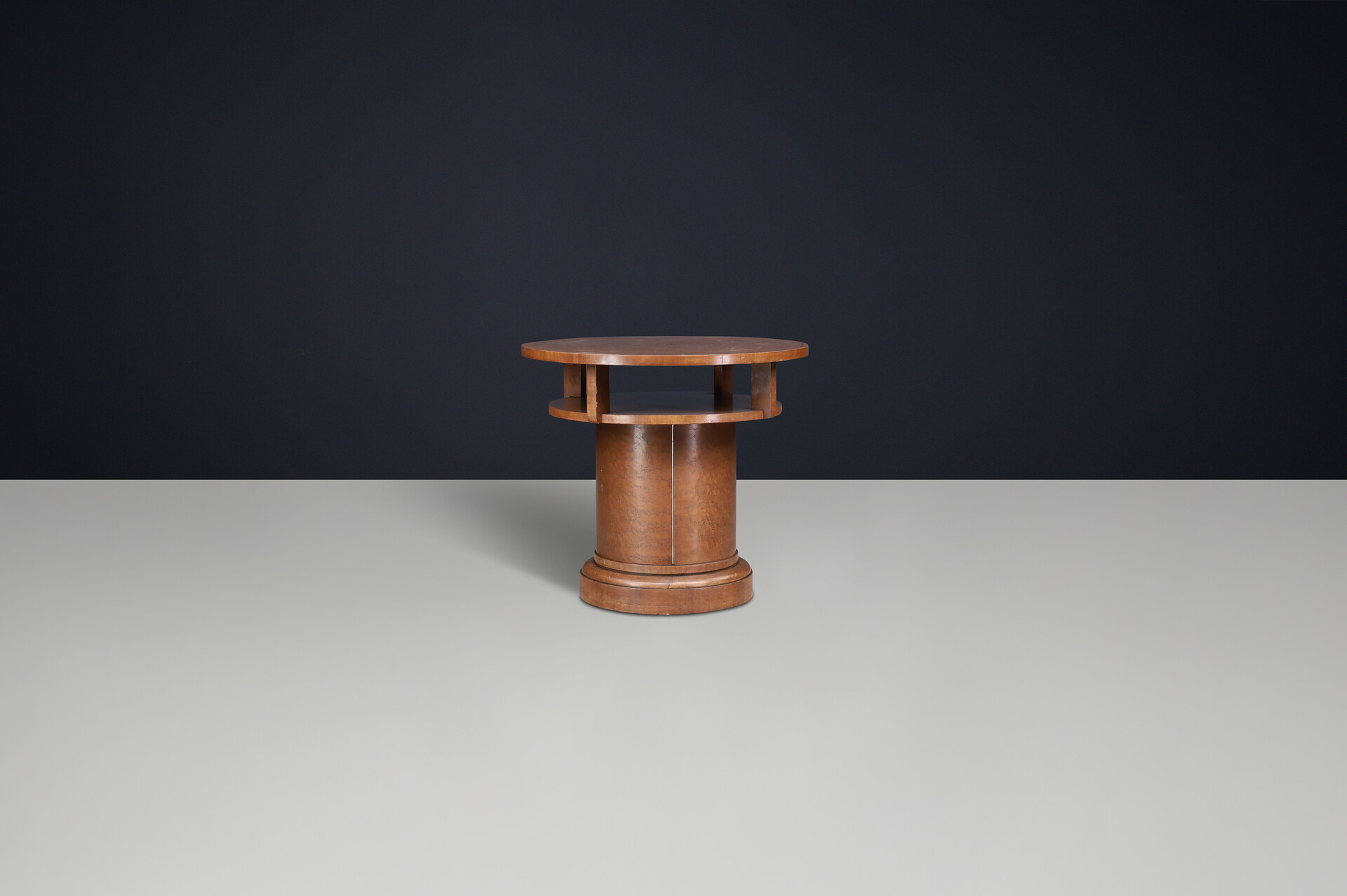 1930s Czechoslovak Art Deco Round Birch Pedestal Table with Storage. Early-20th century