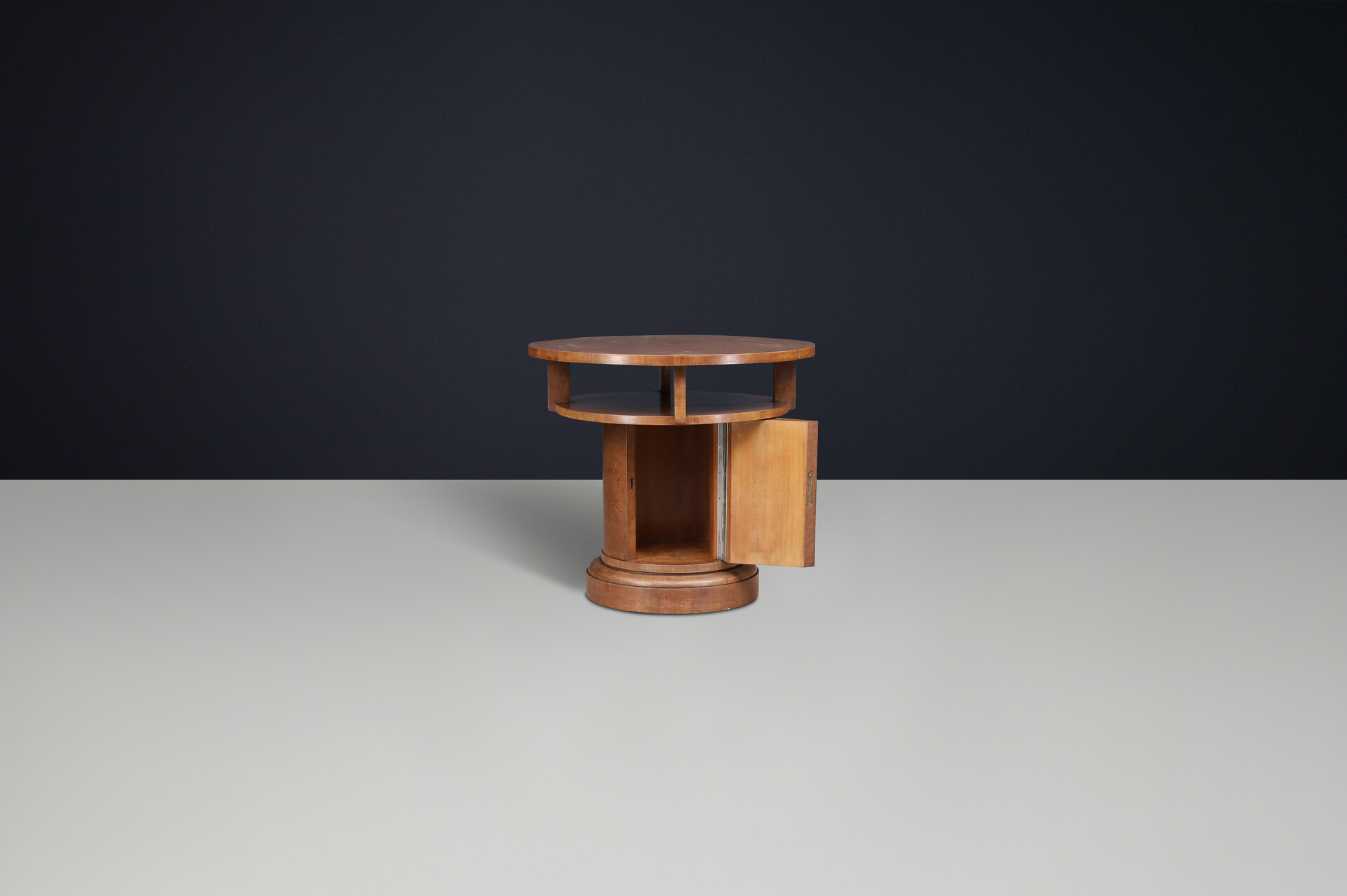 1930s Czechoslovak Art Deco Round Birch Pedestal Table with Storage. Early-20th century