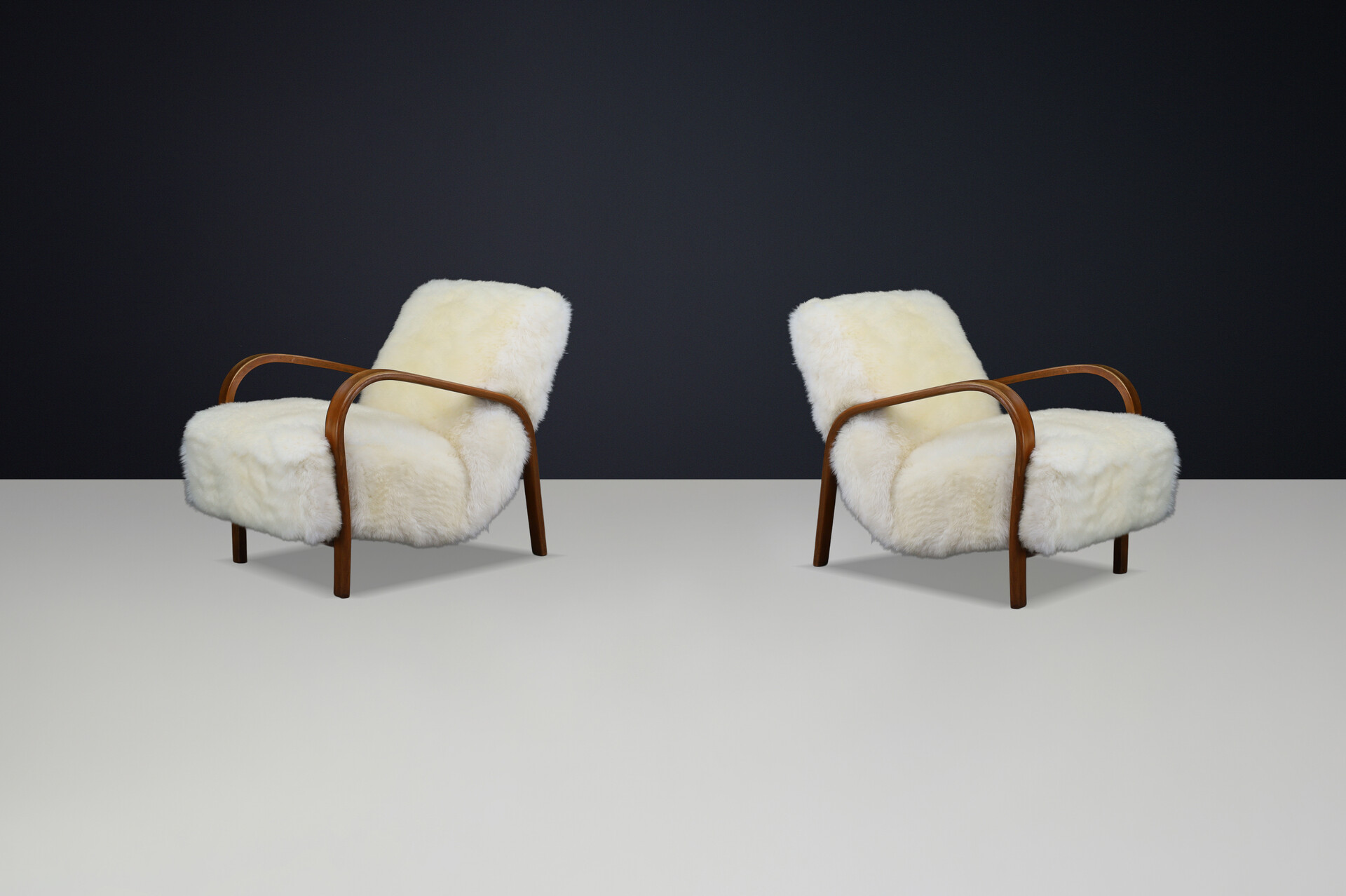 1940s Kozelka & Kropacek Armchairs in Sheepskin & Patinated Frame Mid-20th century