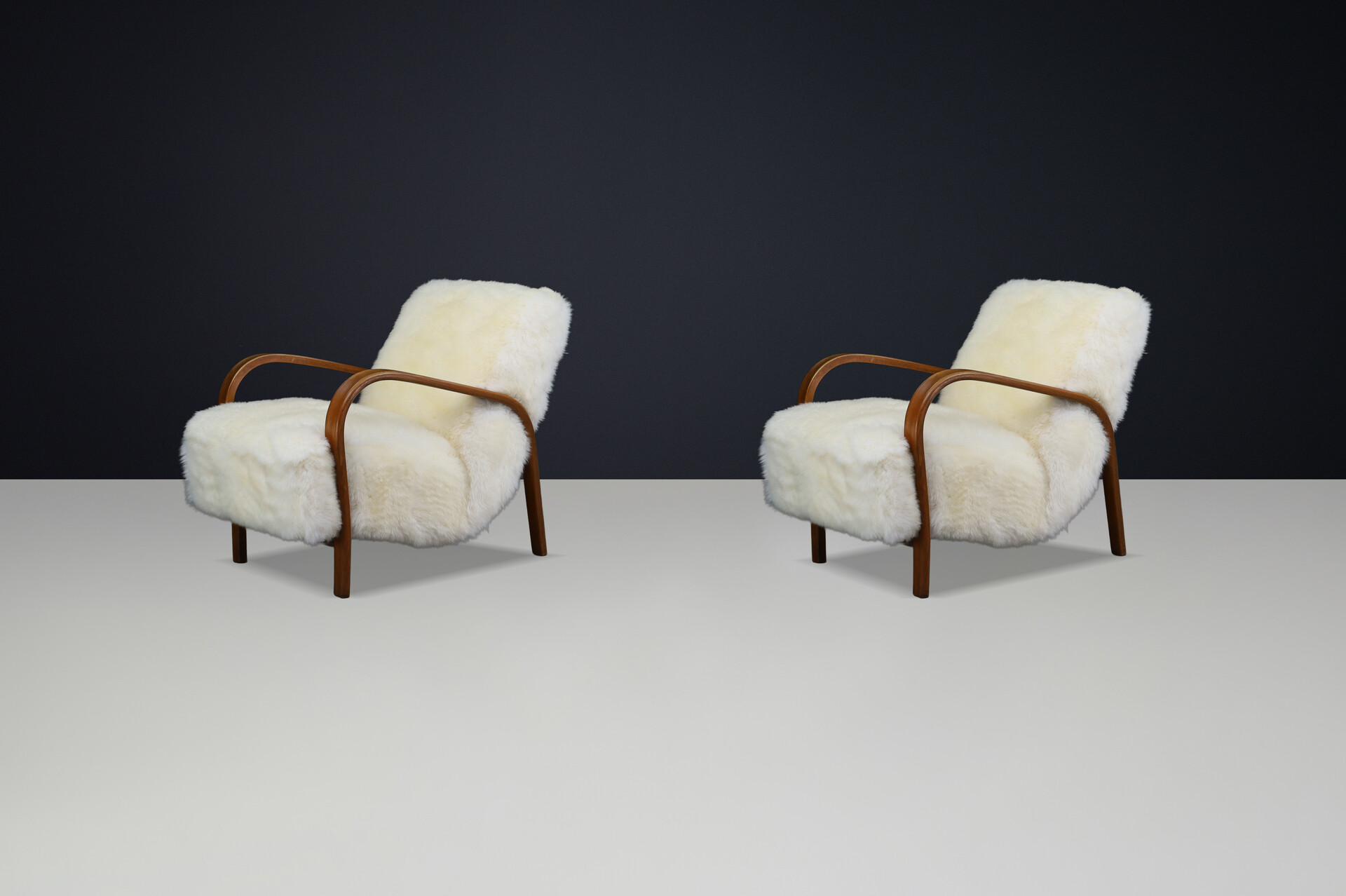 1940s Kozelka & Kropacek Armchairs in Sheepskin & Patinated Frame Mid-20th century