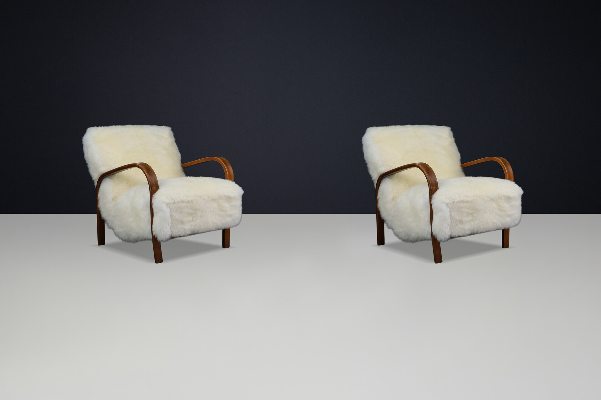 1940s Kozelka & Kropacek Armchairs in Sheepskin & Patinated Frame Mid-20th century