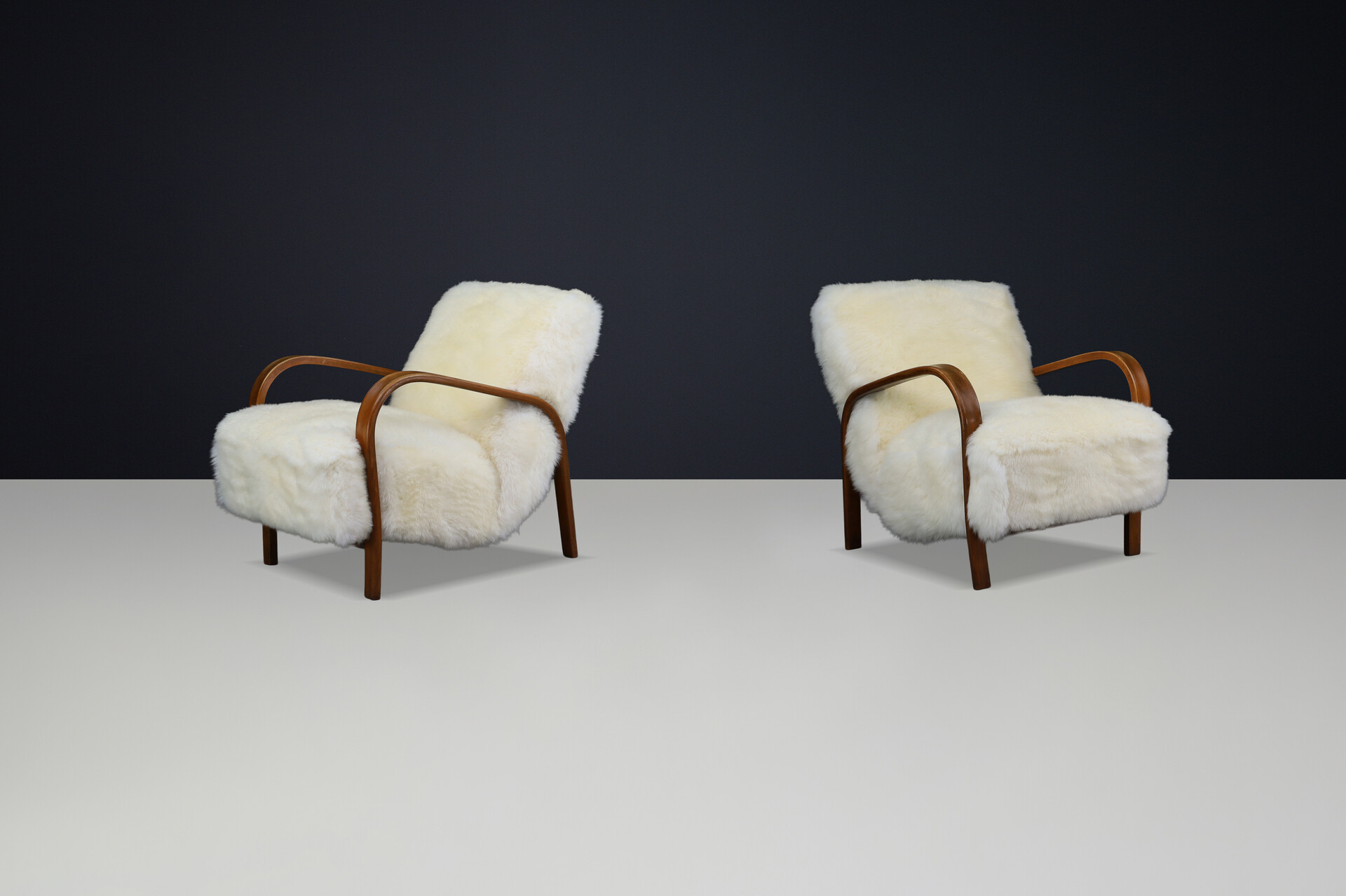 1940s Kozelka & Kropacek Armchairs in Sheepskin & Patinated Frame Mid-20th century