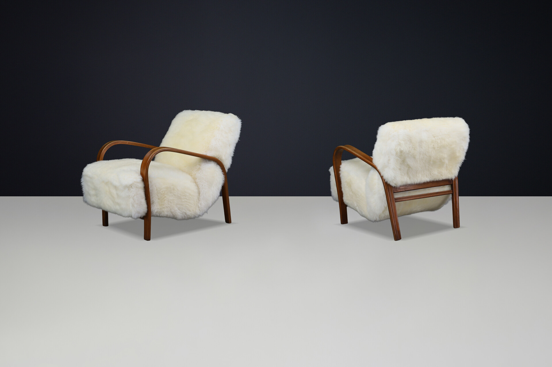 1940s Kozelka & Kropacek Armchairs in Sheepskin & Patinated Frame Mid-20th century