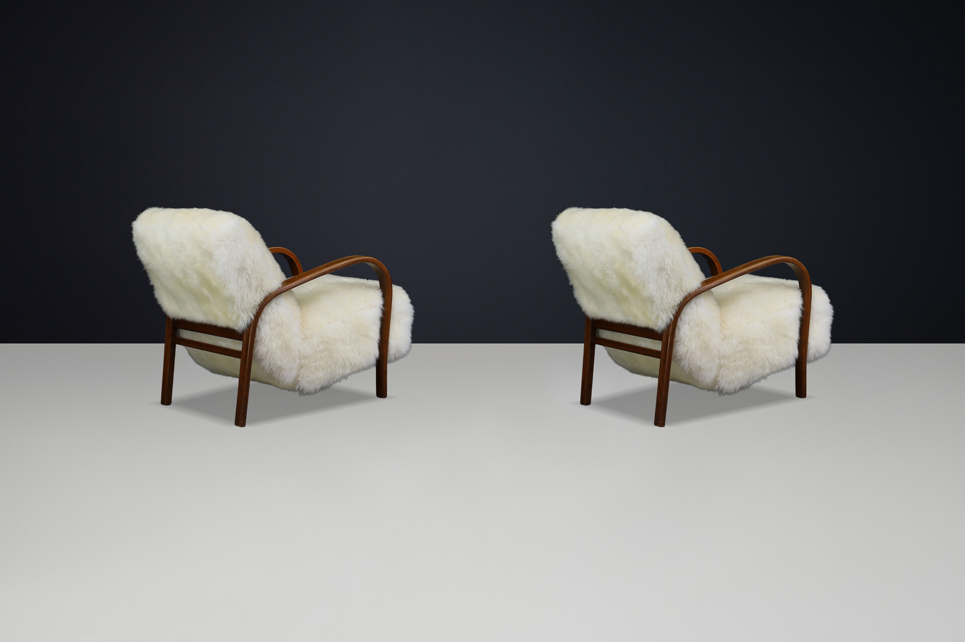 1940s Kozelka & Kropacek Armchairs in Sheepskin & Patinated Frame Mid-20th century