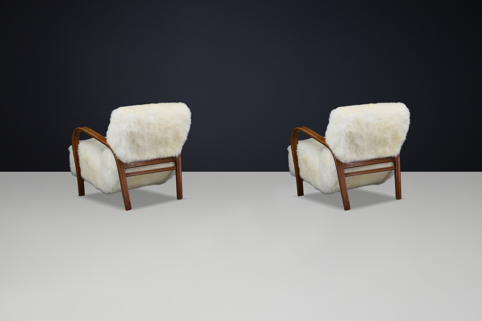 1940s Kozelka & Kropacek Armchairs in Sheepskin & Patinated Frame Mid-20th century