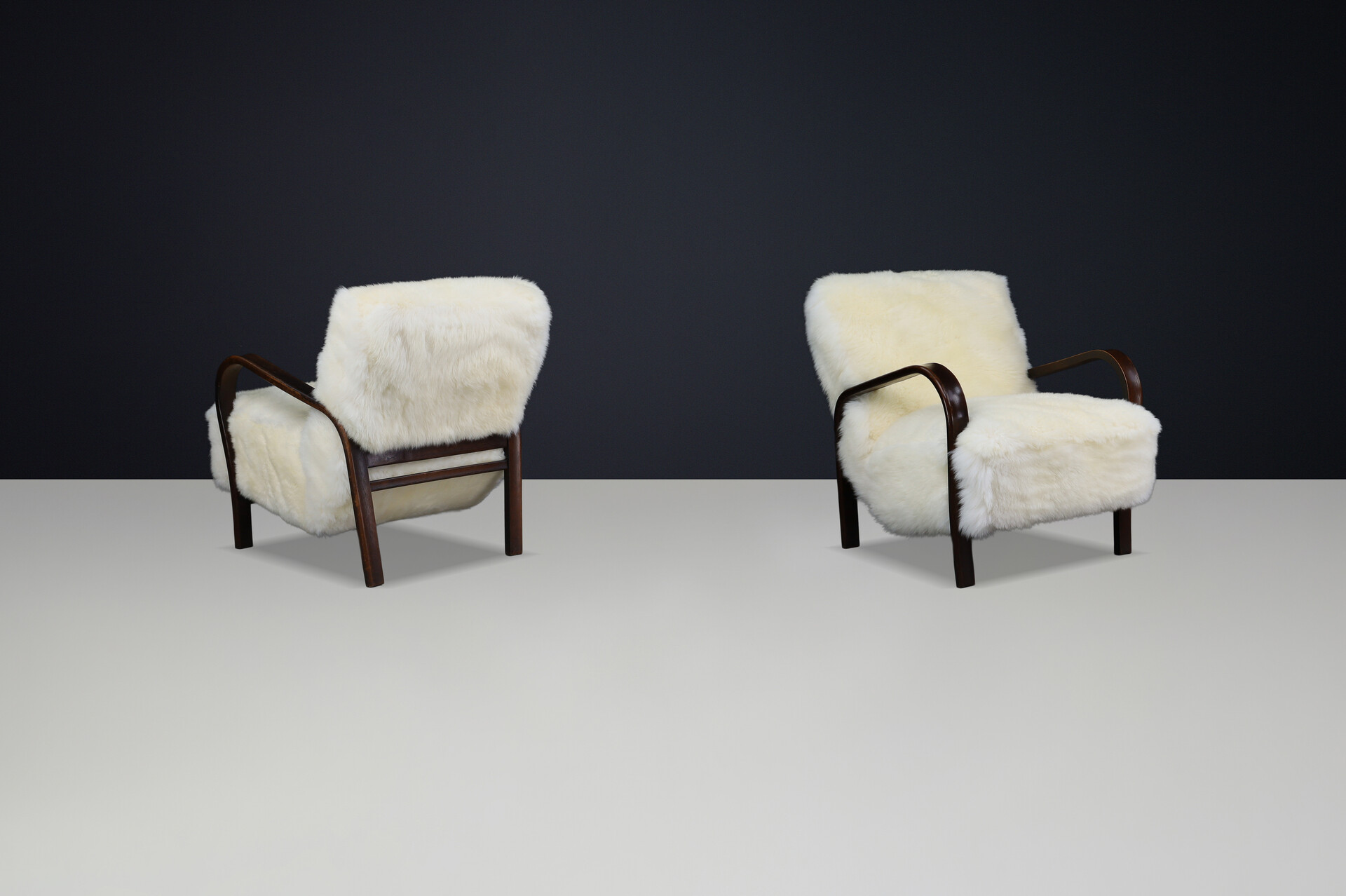 1940s Kozelka & Kropacek Armchairs in Sheepskin & Patinated Frame Mid-20th century