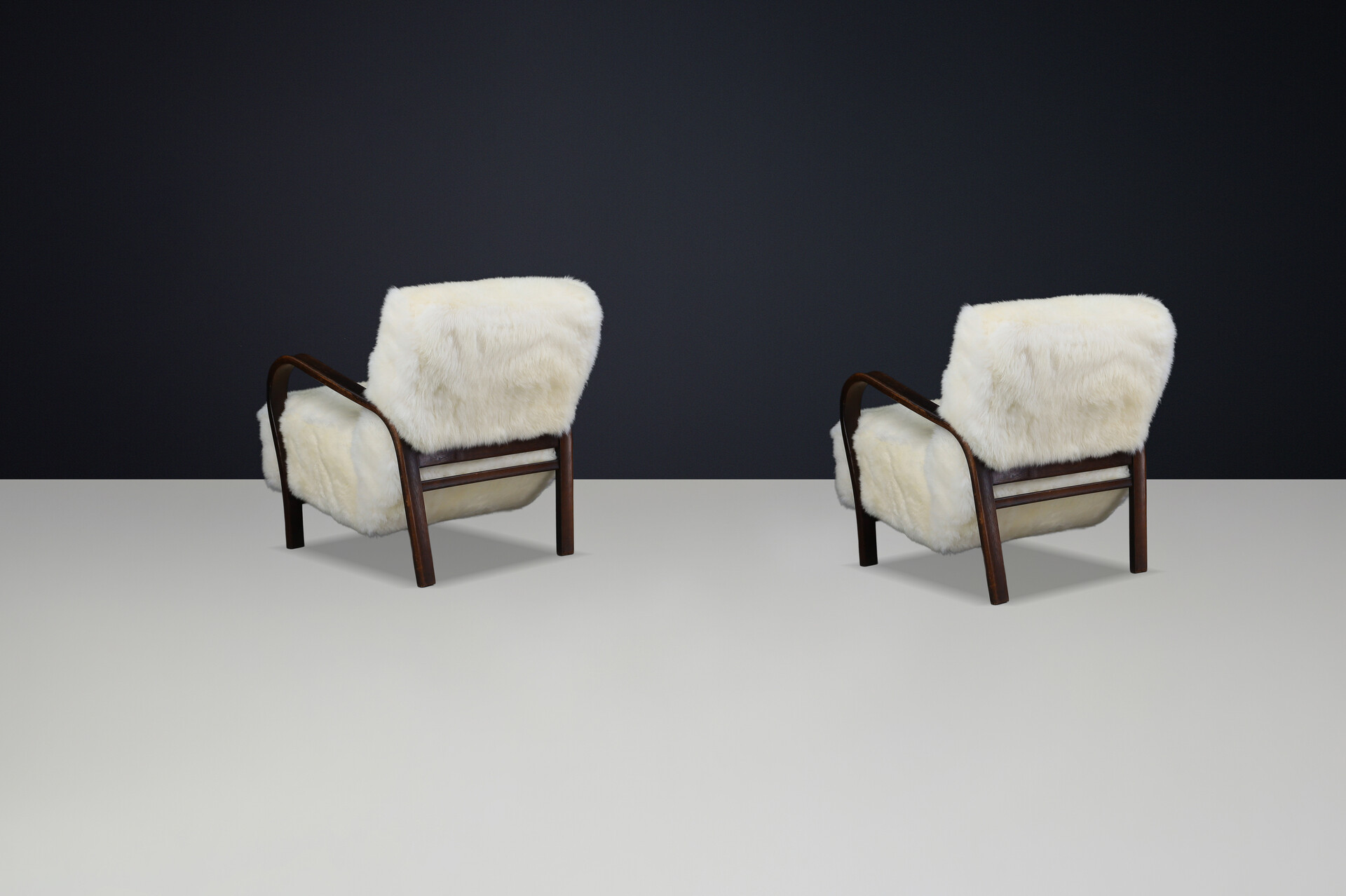 1940s Kozelka & Kropacek Armchairs in Sheepskin & Patinated Frame Mid-20th century