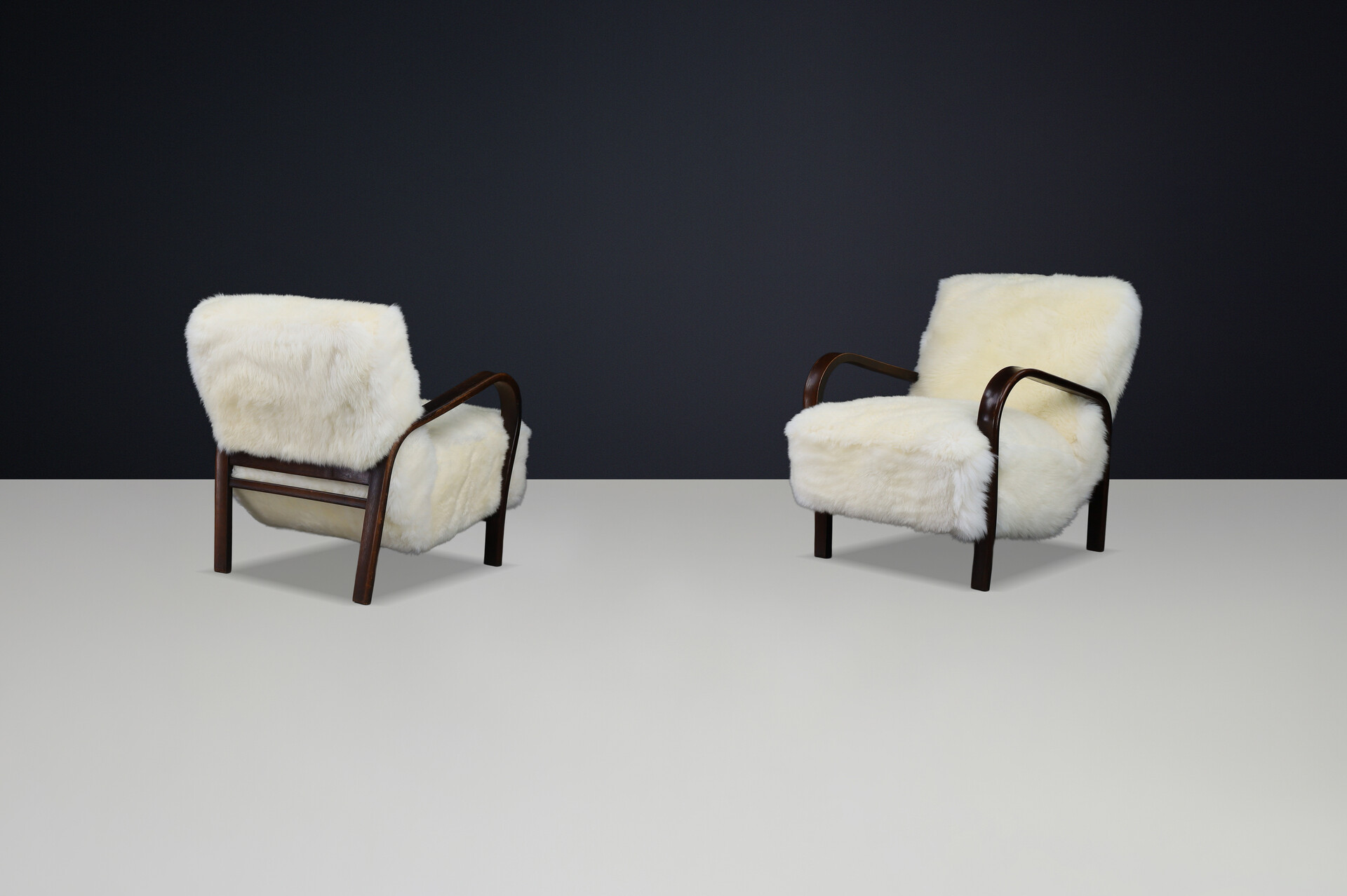 1940s Kozelka & Kropacek Armchairs in Sheepskin & Patinated Frame Mid-20th century