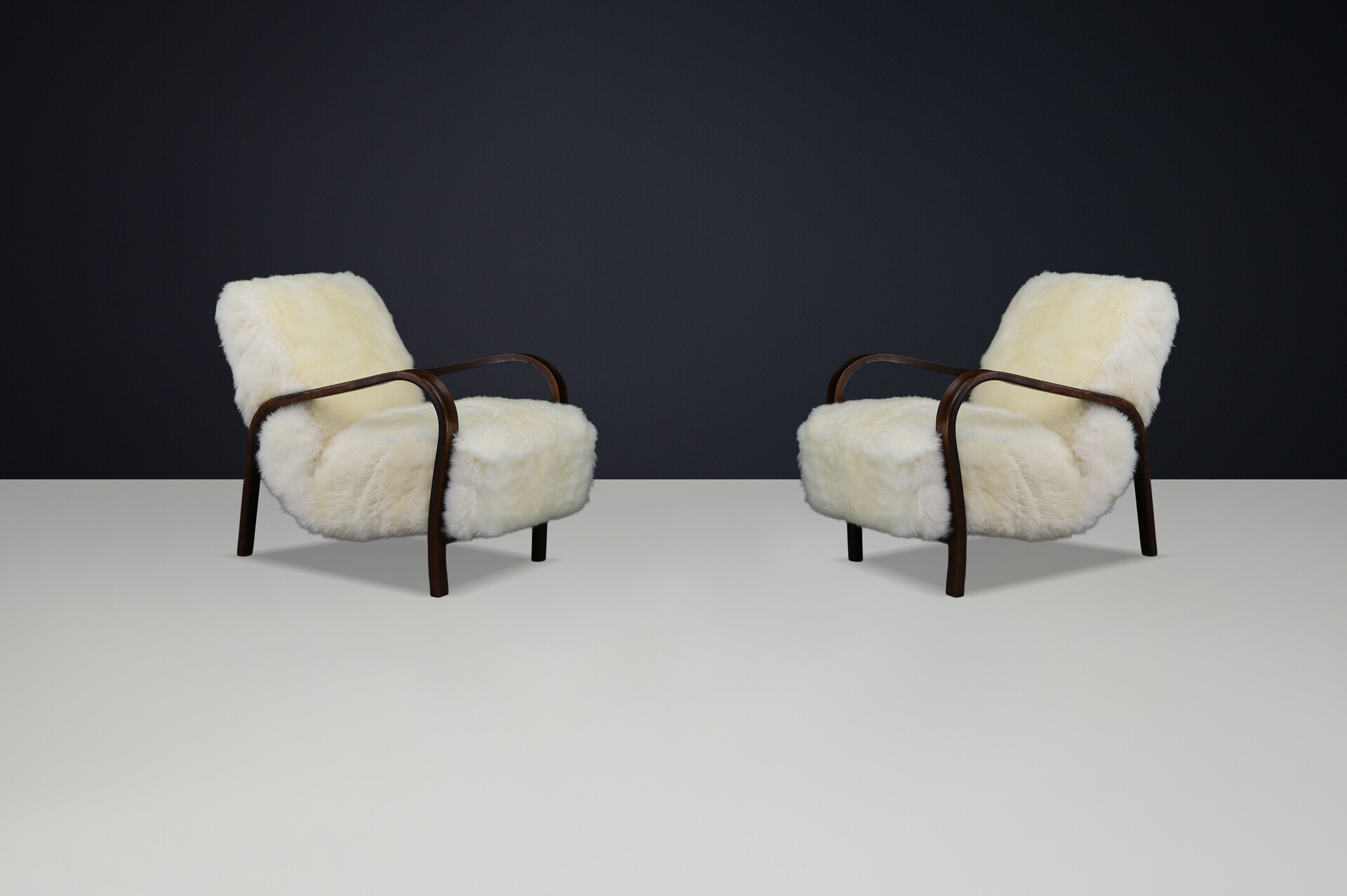 1940s Kozelka & Kropacek Armchairs in Sheepskin & Patinated Frame Mid-20th century