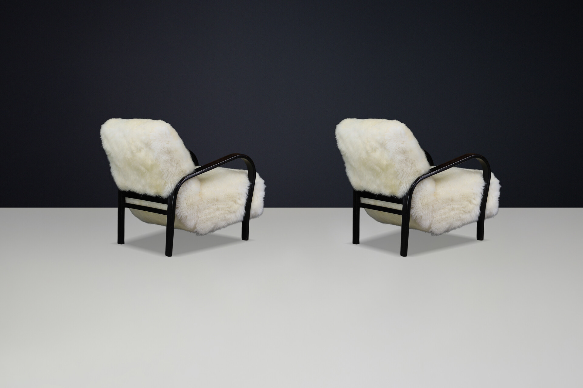 1940s Kozelka & Kropacek Armchairs in Sheepskin & Patinated Frame Mid-20th century