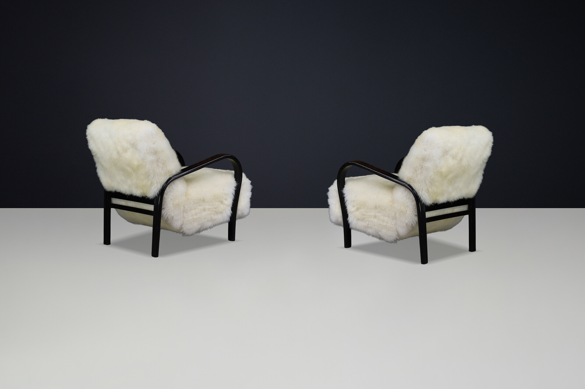 1940s Kozelka & Kropacek Armchairs in Sheepskin & Patinated Frame Mid-20th century