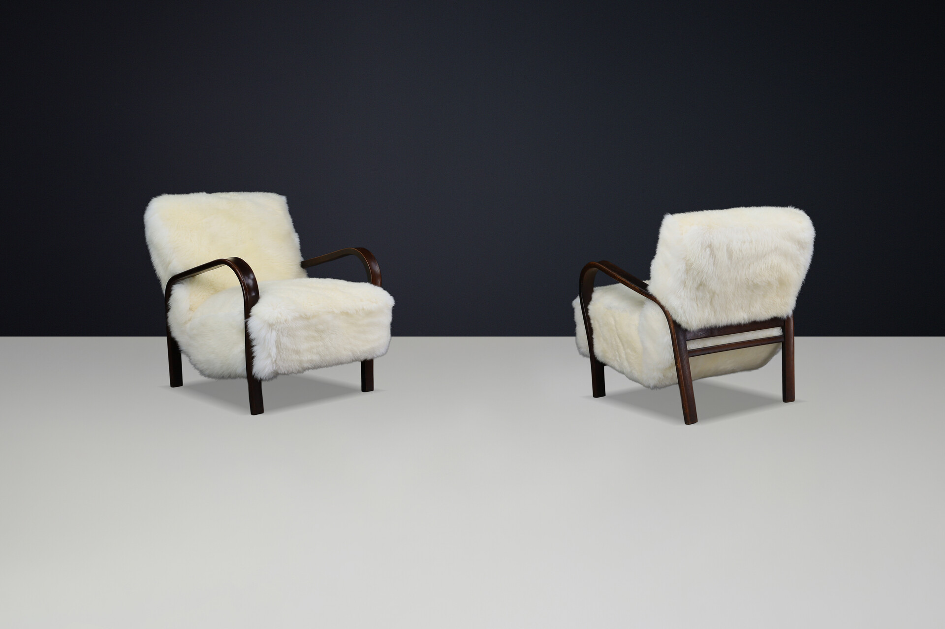 1940s Kozelka & Kropacek Armchairs in Sheepskin & Patinated Frame Mid-20th century