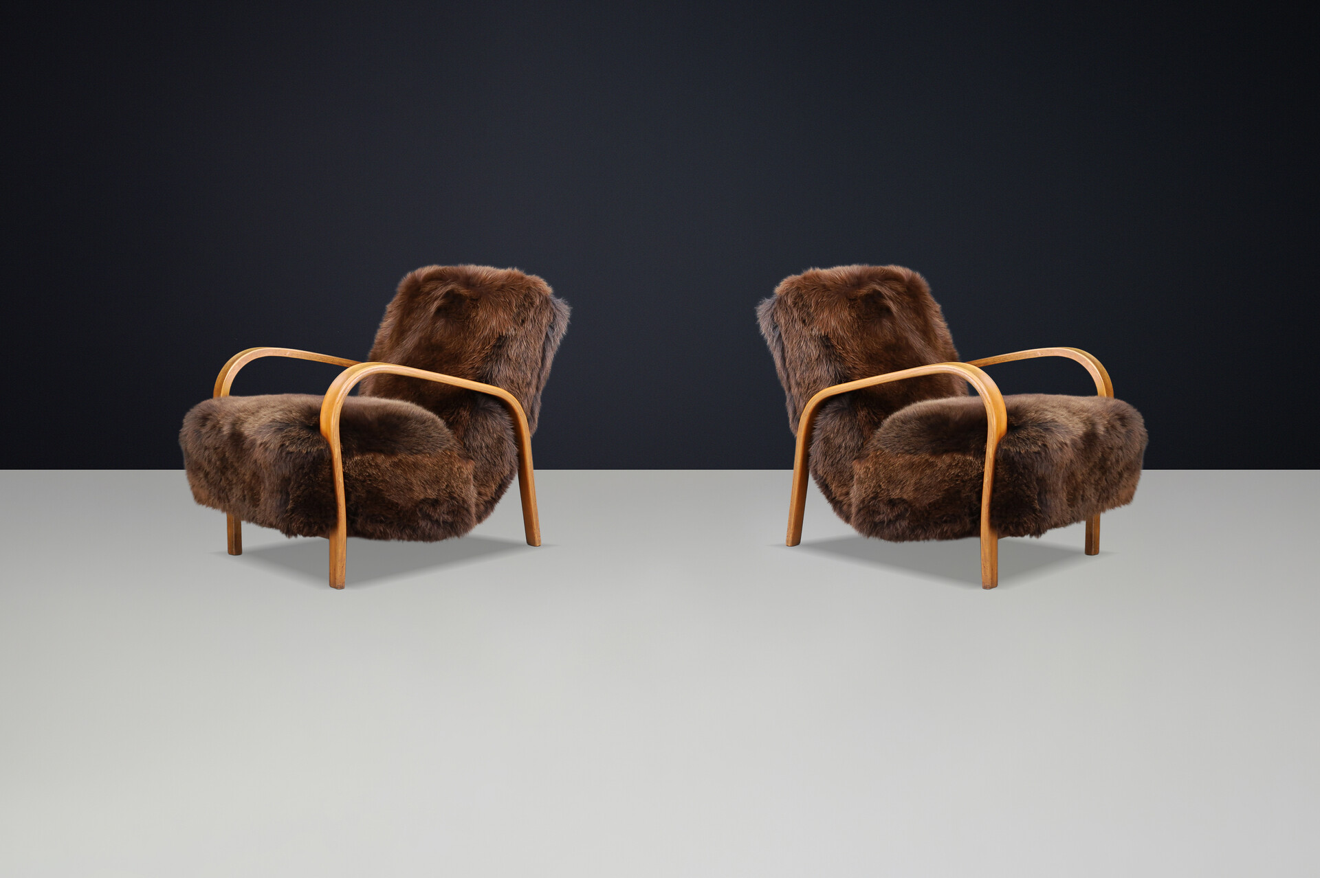 1940s Kozelka & Kropacek Armchairs in Sheepskin & Patinated Frame Mid-20th century