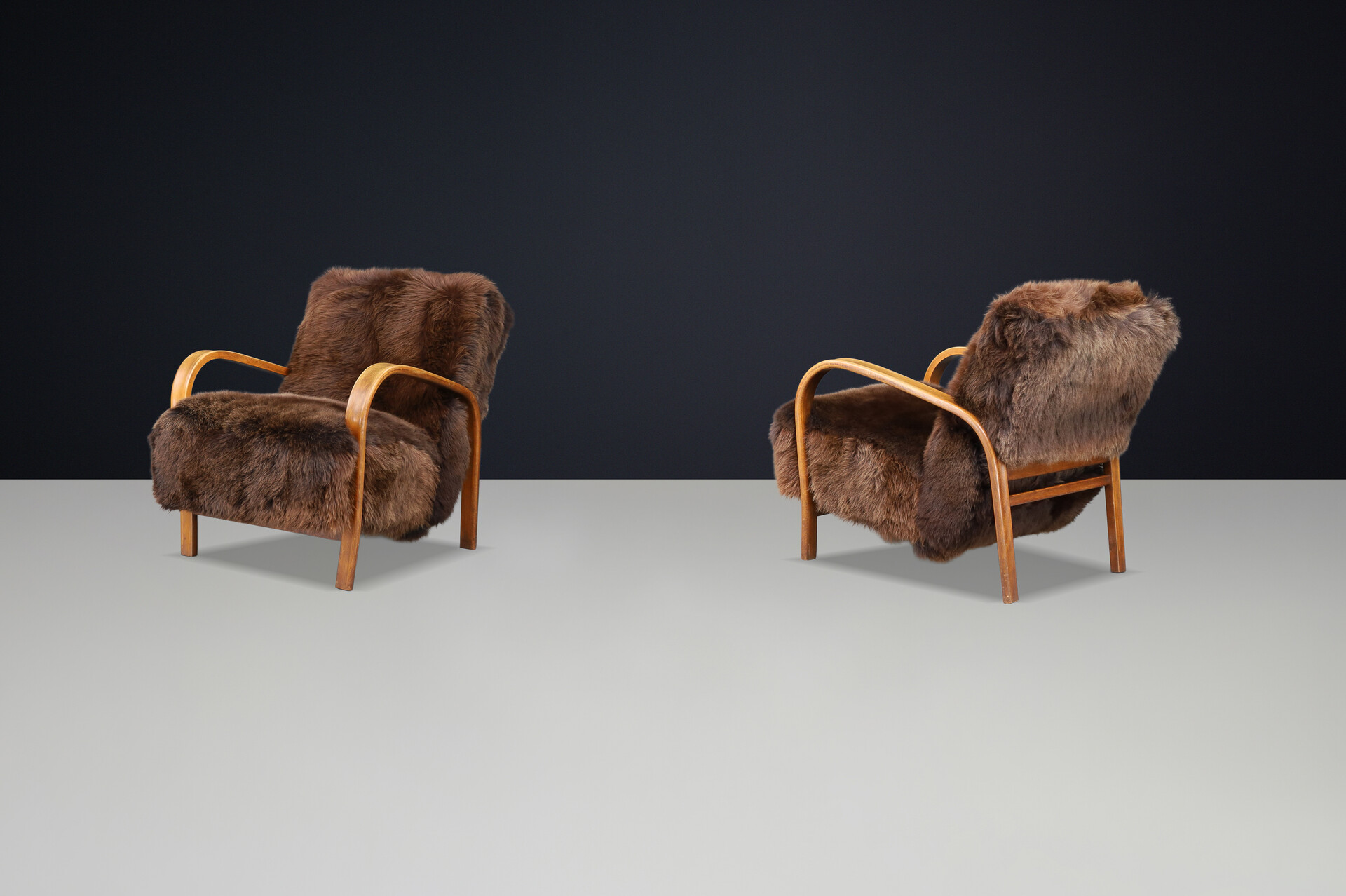 1940s Kozelka & Kropacek Armchairs in Sheepskin & Patinated Frame Mid-20th century