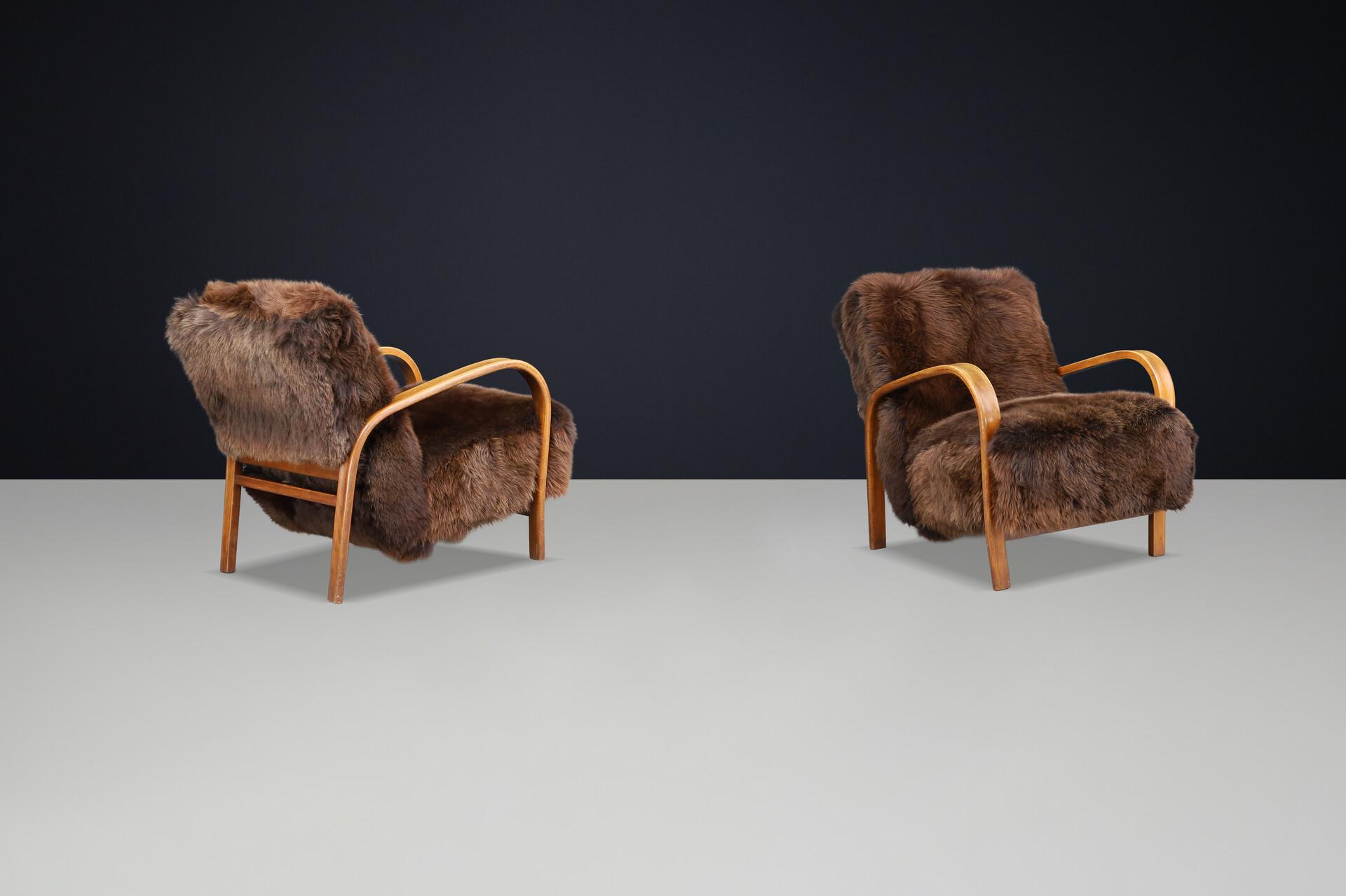 1940s Kozelka & Kropacek Armchairs in Sheepskin & Patinated Frame Mid-20th century