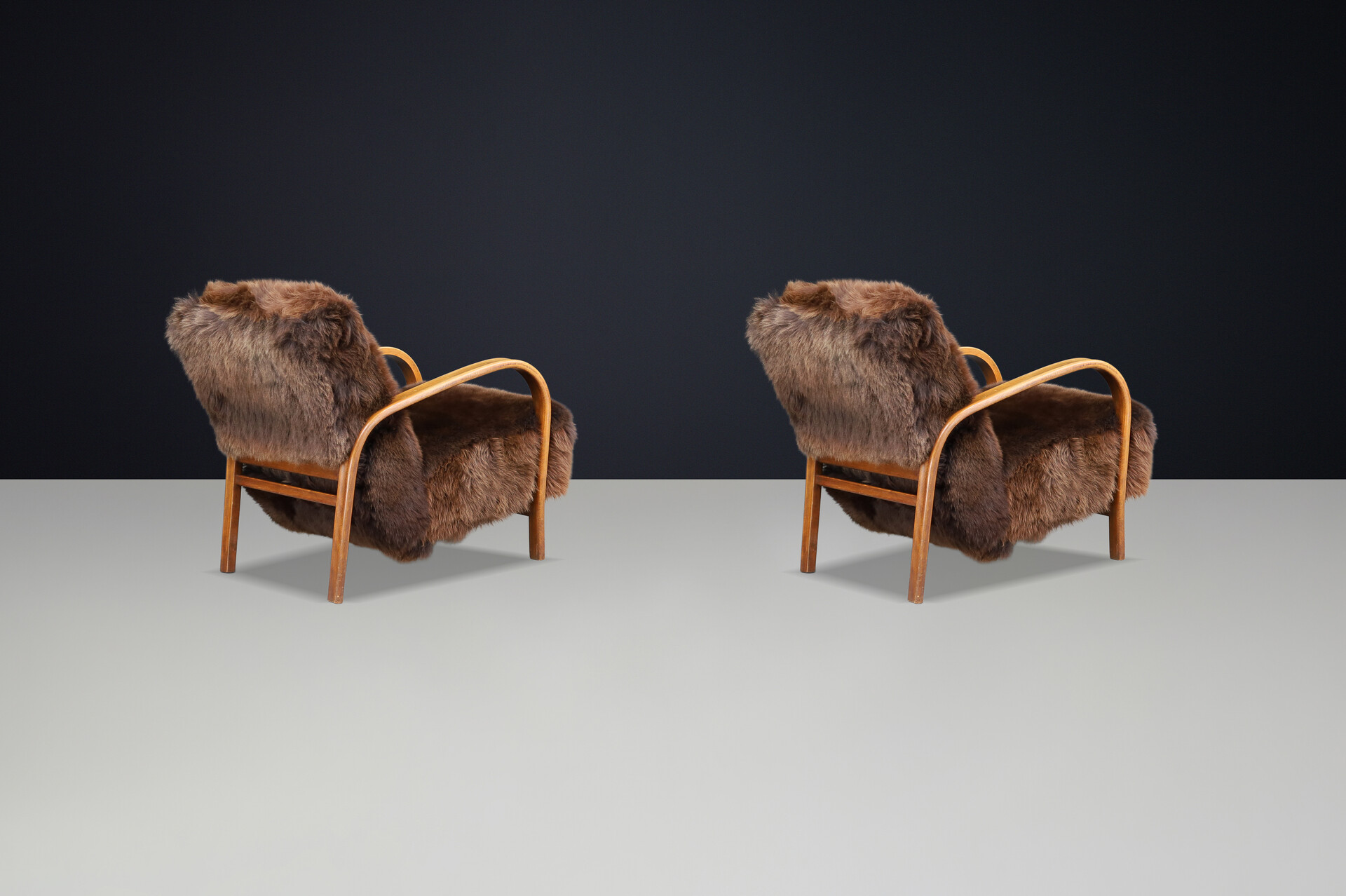 1940s Kozelka & Kropacek Armchairs in Sheepskin & Patinated Frame Mid-20th century