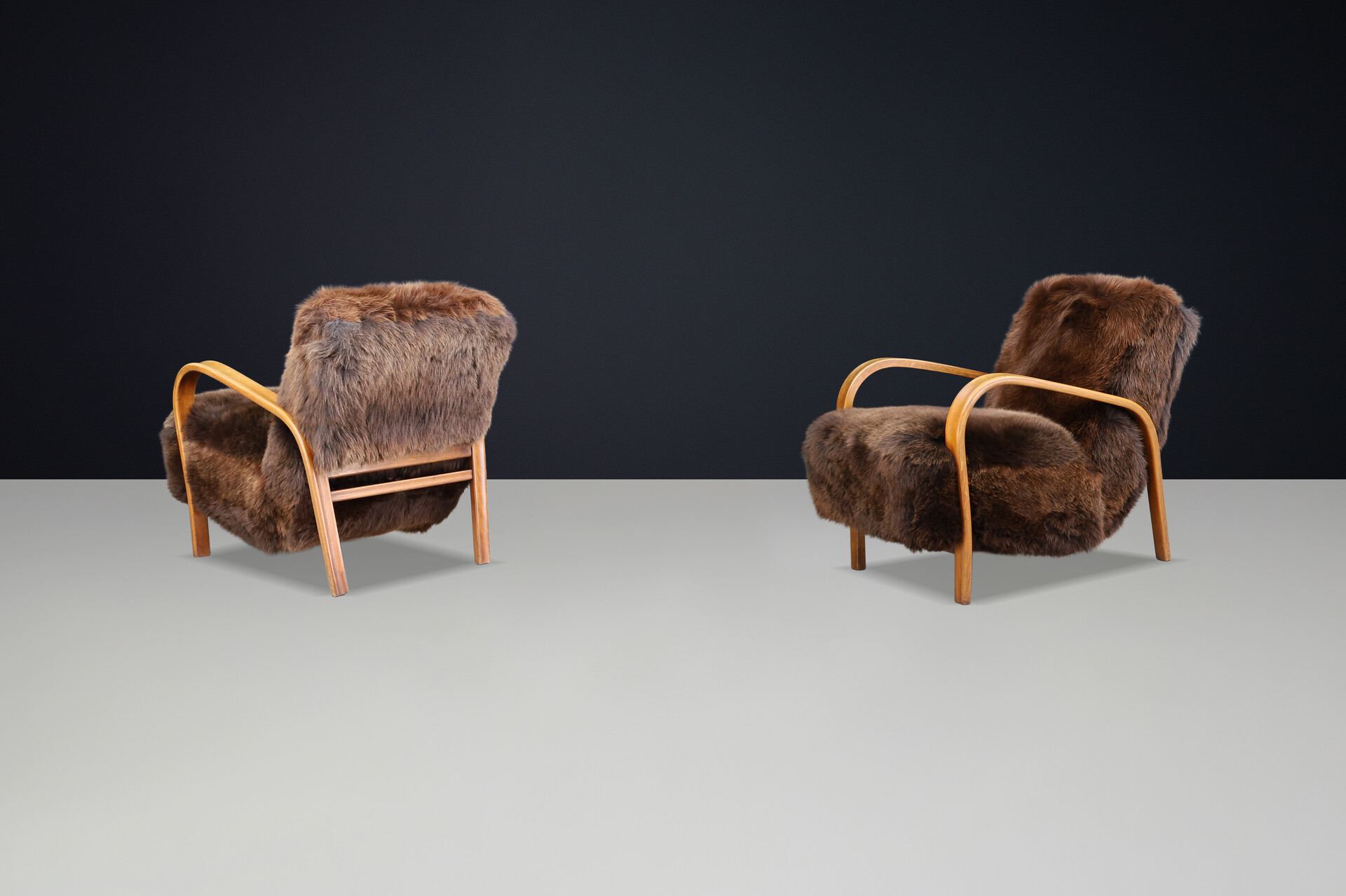 1940s Kozelka & Kropacek Armchairs in Sheepskin & Patinated Frame Mid-20th century