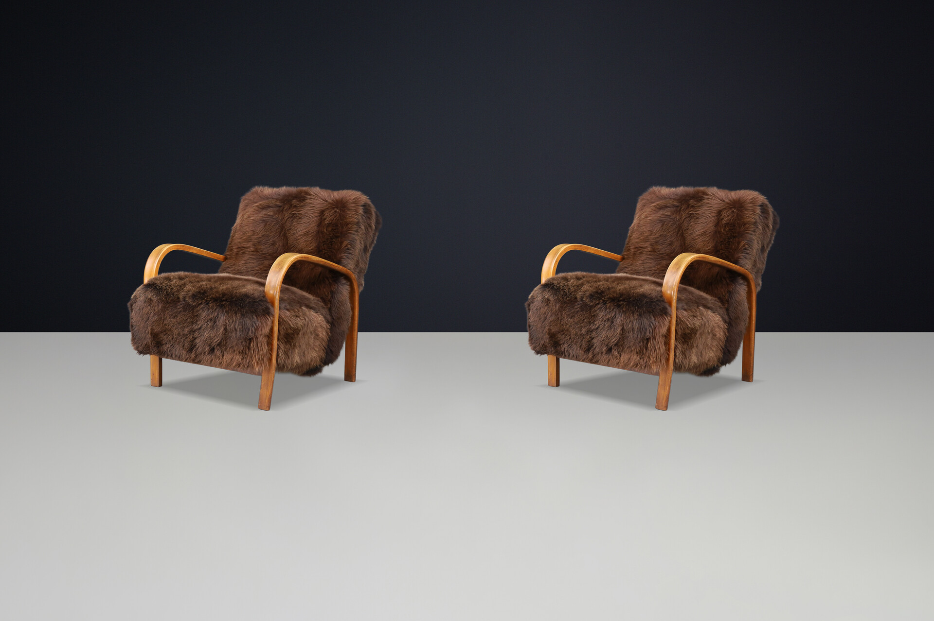 1940s Kozelka & Kropacek Armchairs in Sheepskin & Patinated Frame Mid-20th century