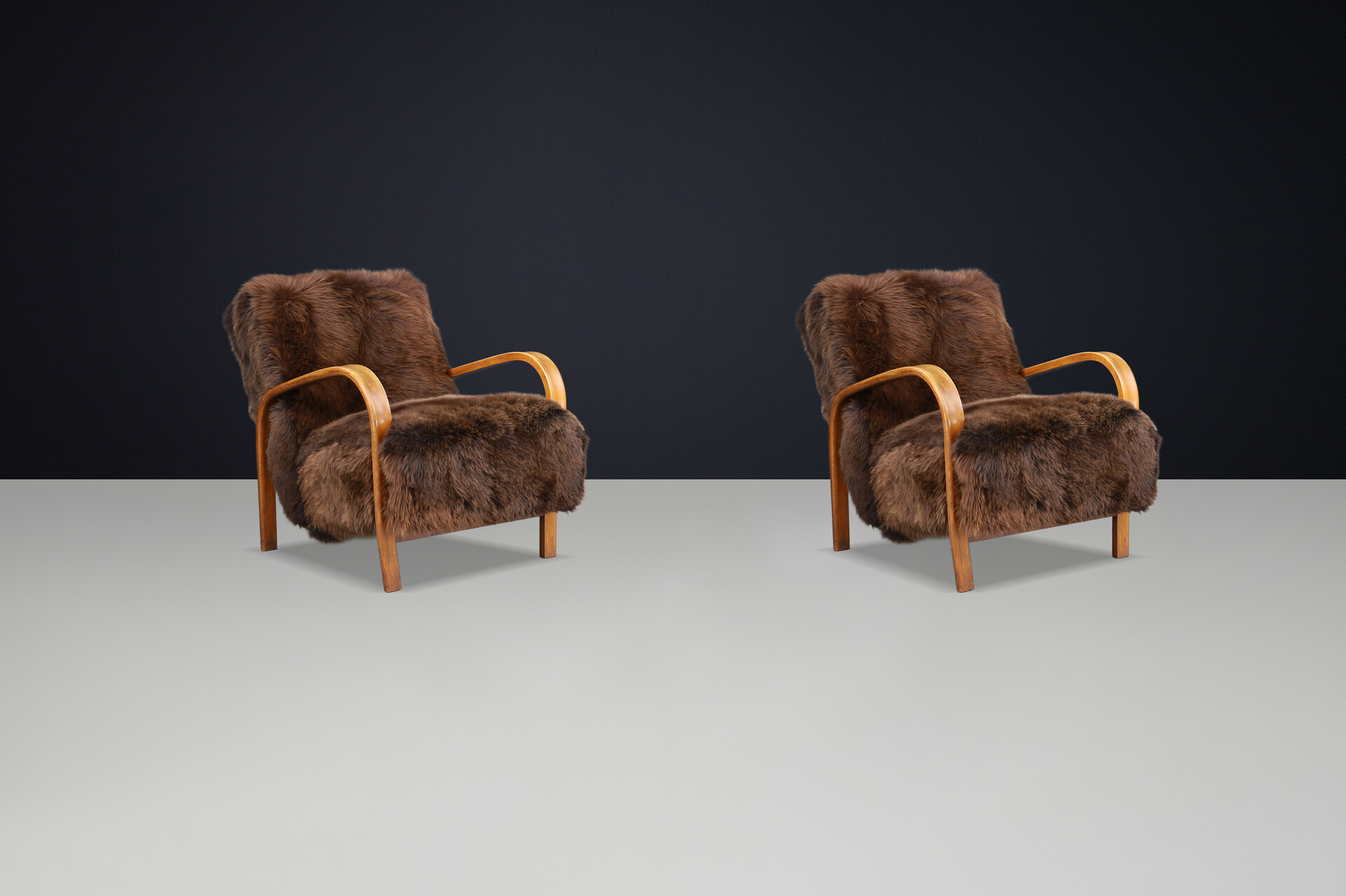 1940s Kozelka & Kropacek Armchairs in Sheepskin & Patinated Frame Mid-20th century