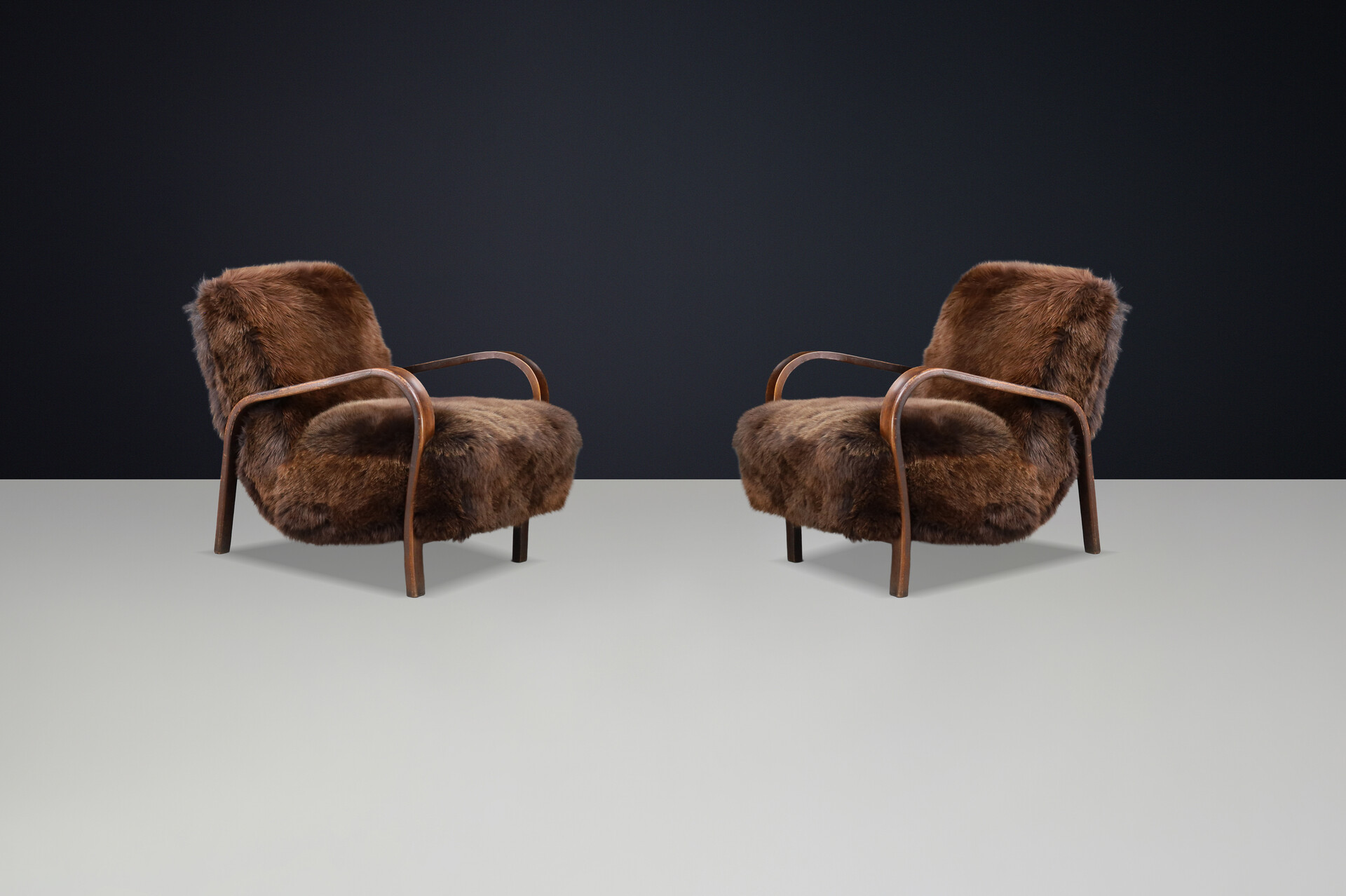 1940s Kozelka & Kropacek Armchairs in Sheepskin & Patinated Frame Mid-20th century