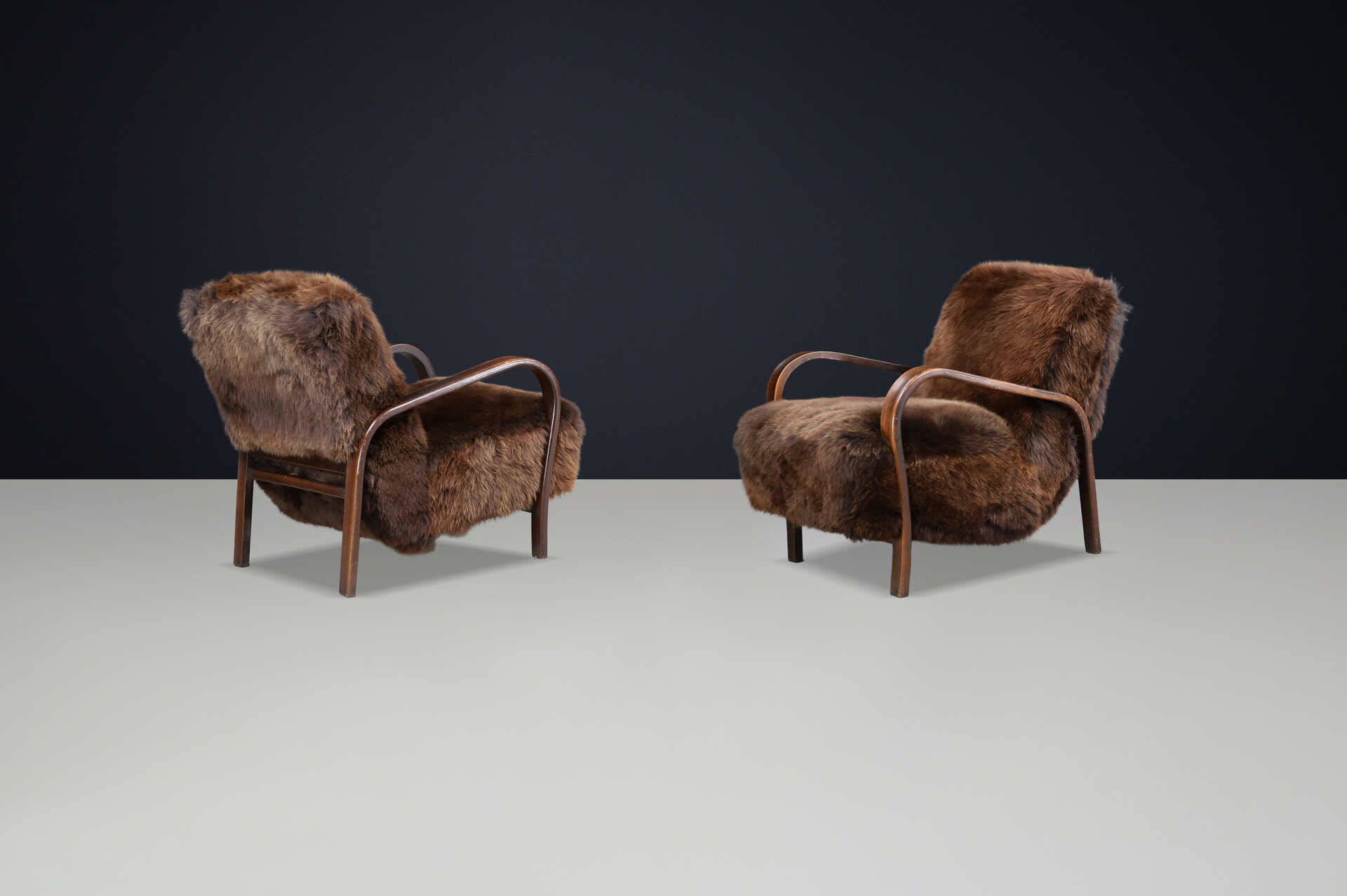 1940s Kozelka & Kropacek Armchairs in Sheepskin & Patinated Frame Mid-20th century
