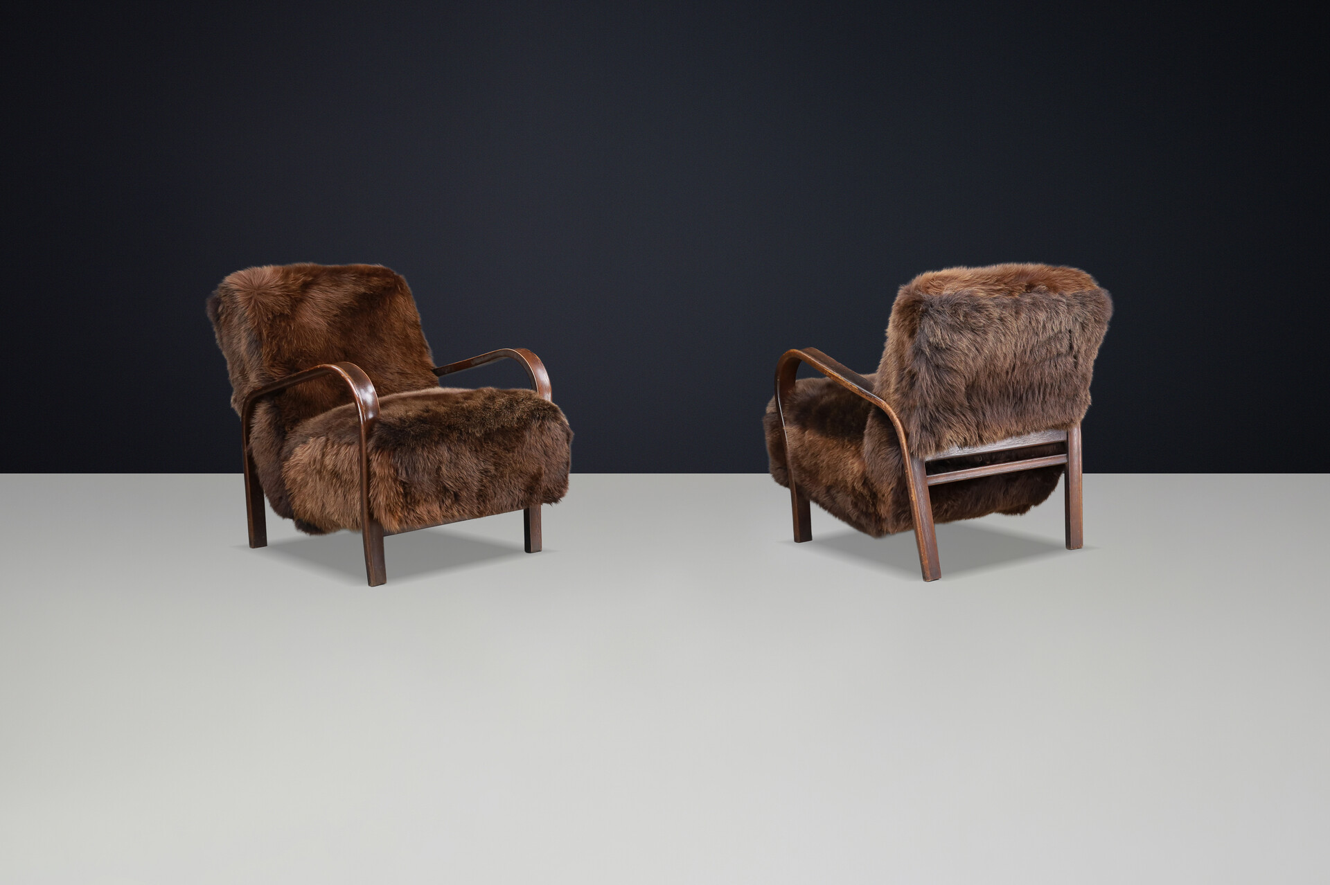 1940s Kozelka & Kropacek Armchairs in Sheepskin & Patinated Frame Mid-20th century