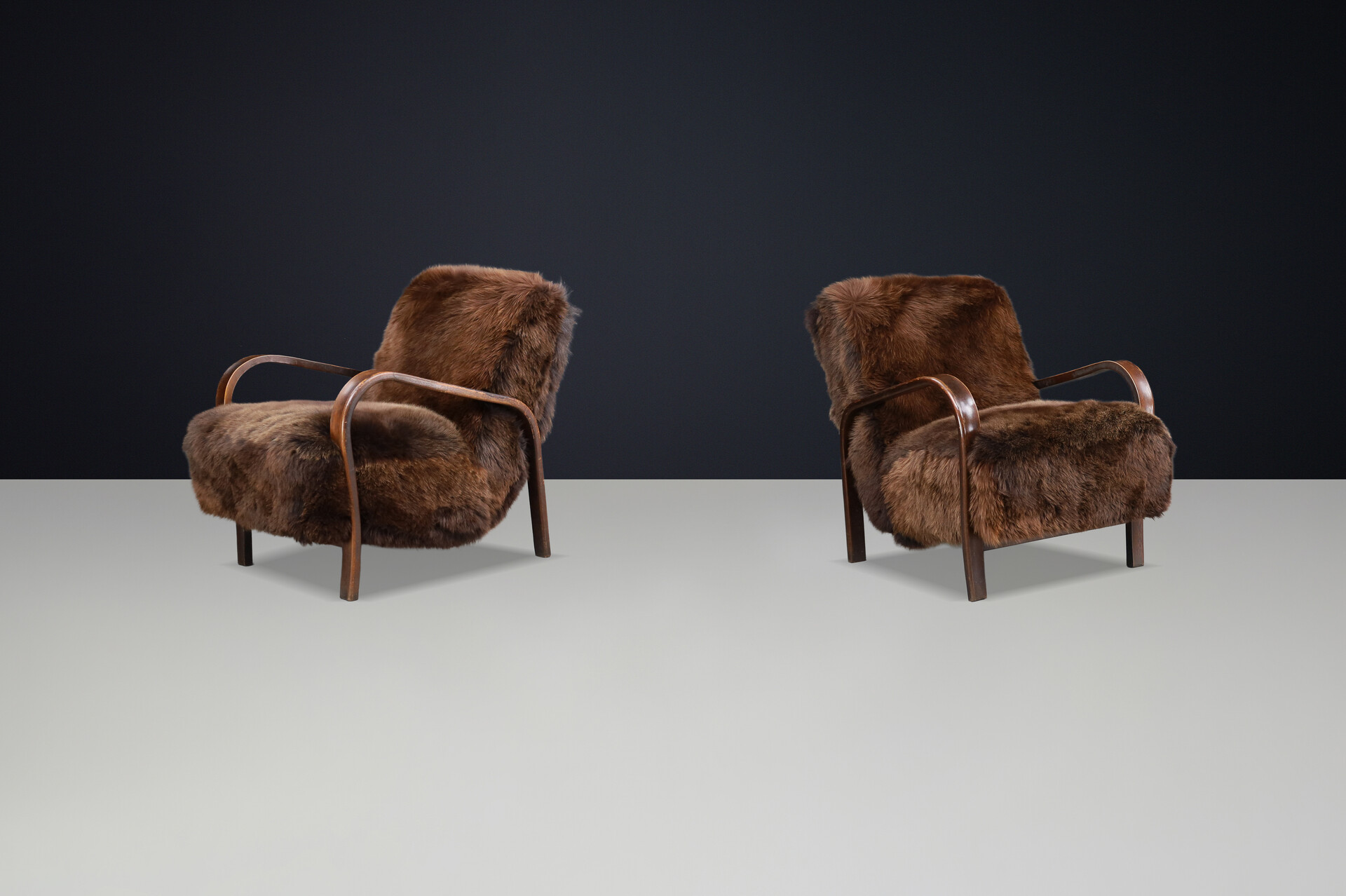 1940s Kozelka & Kropacek Armchairs in Sheepskin & Patinated Frame Mid-20th century