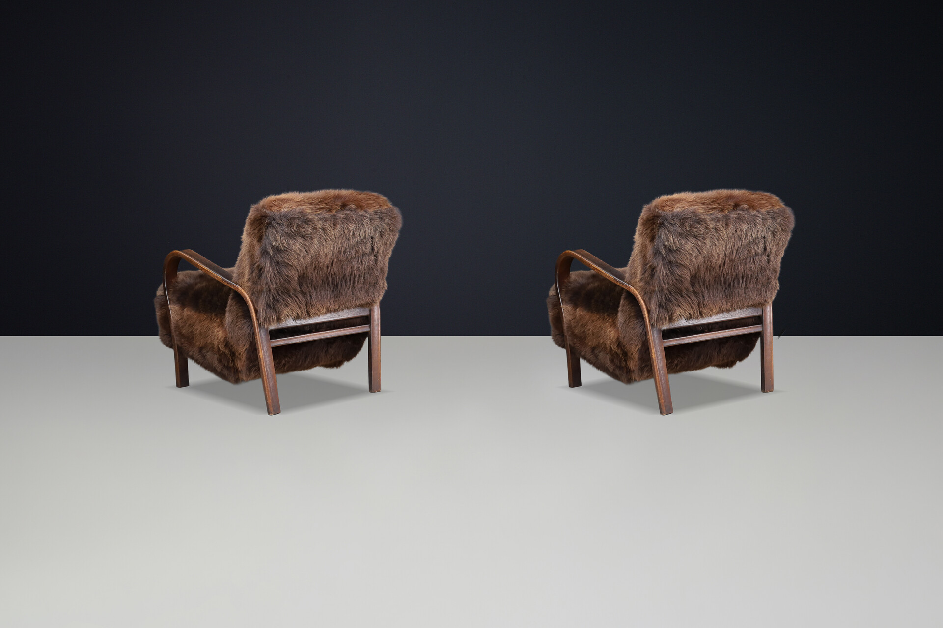 1940s Kozelka & Kropacek Armchairs in Sheepskin & Patinated Frame Mid-20th century