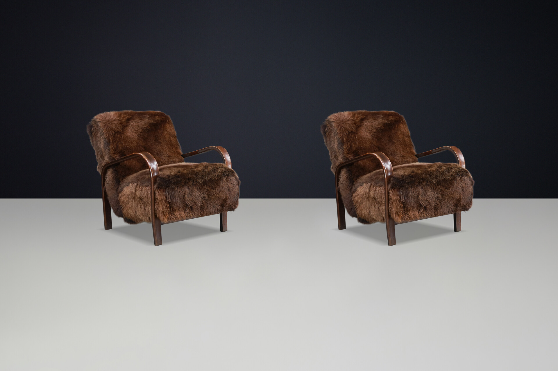 1940s Kozelka & Kropacek Armchairs in Sheepskin & Patinated Frame Mid-20th century