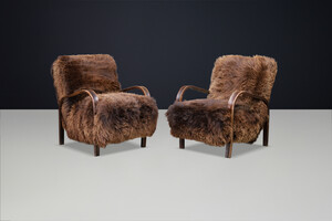 1940s Kozelka & Kropacek Armchairs in Sheepskin & Patinated Frame Mid-20th century