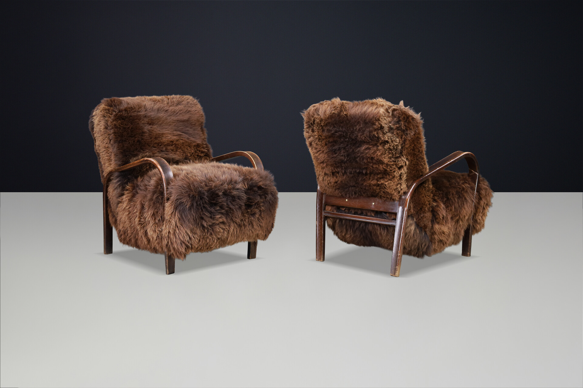 1940s Kozelka & Kropacek Armchairs in Sheepskin & Patinated Frame Mid-20th century