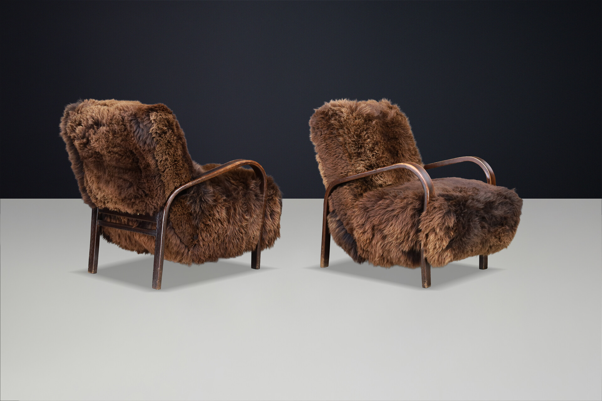 1940s Kozelka & Kropacek Armchairs in Sheepskin & Patinated Frame Mid-20th century