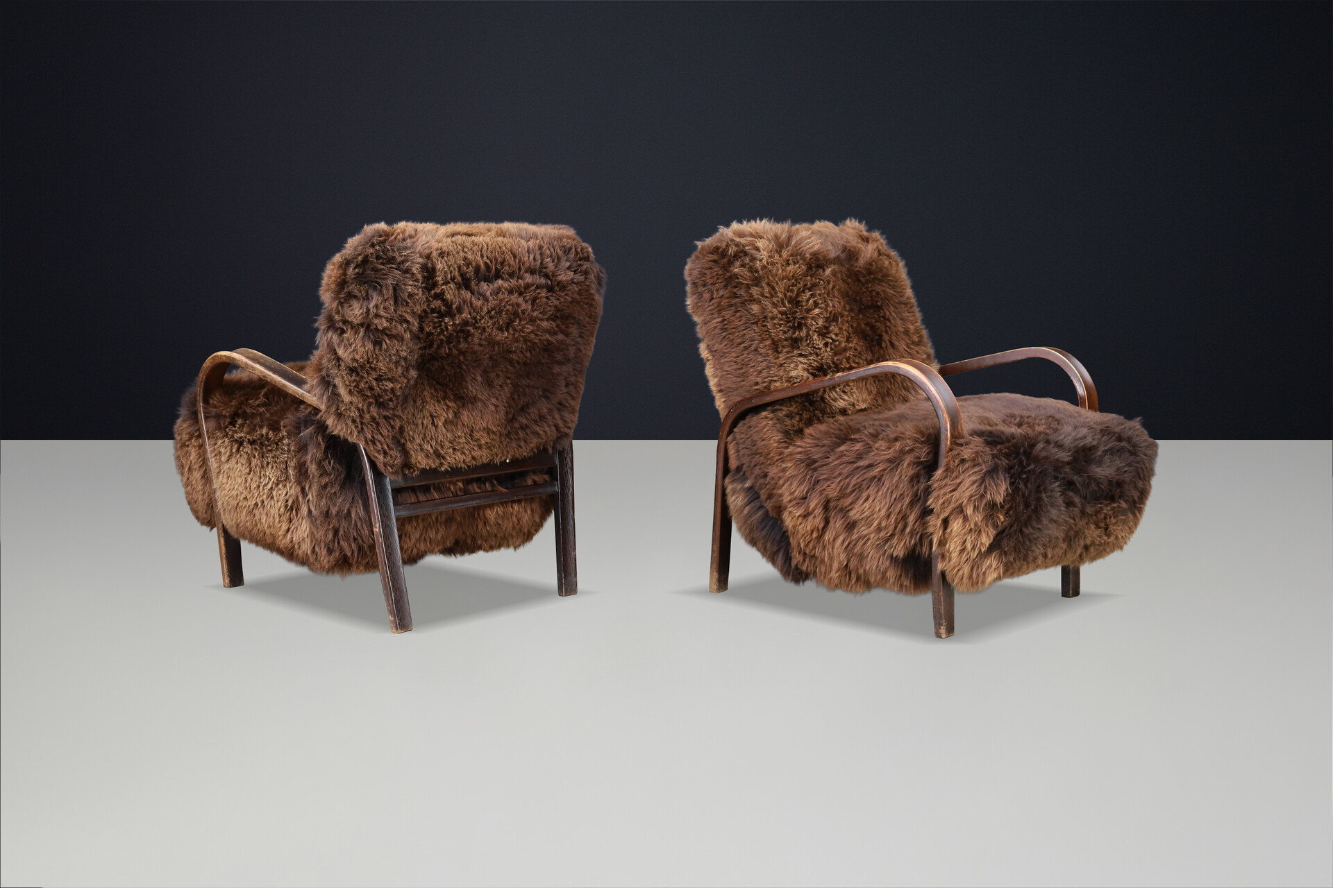 1940s Kozelka & Kropacek Armchairs in Sheepskin & Patinated Frame Mid-20th century